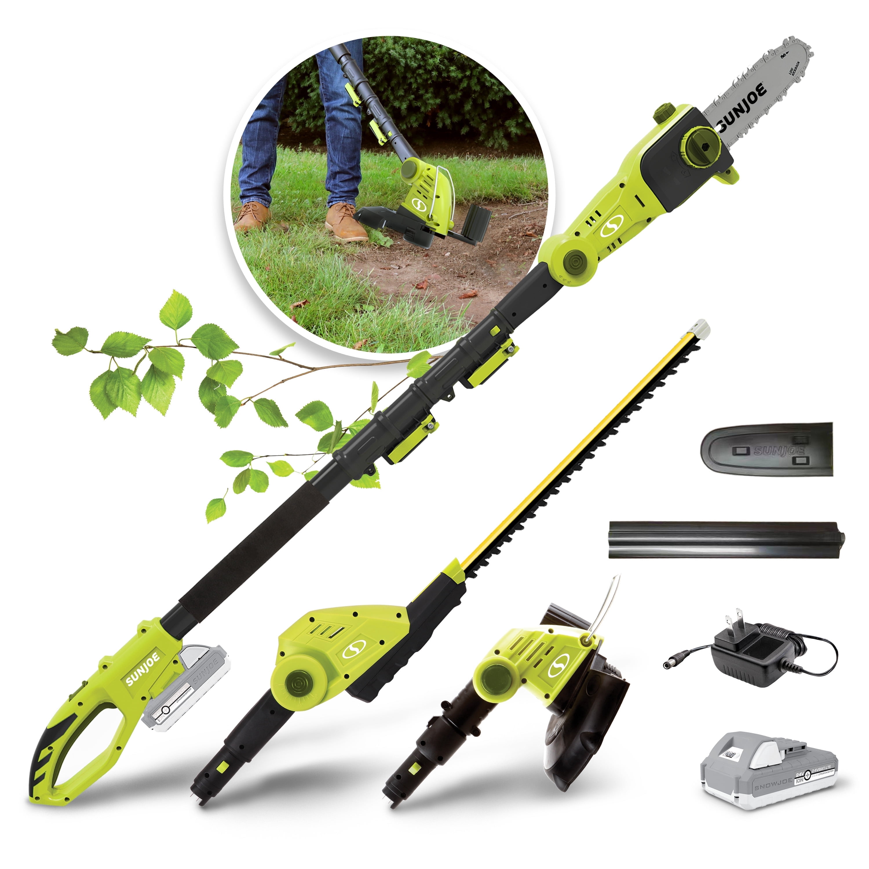 Sun Joe 24V Cordless 3-in-1 Hedge Trimmer + Pole Saw + Grass Trimmer Lawn Care System, 2.0-Ah Battery & Charger