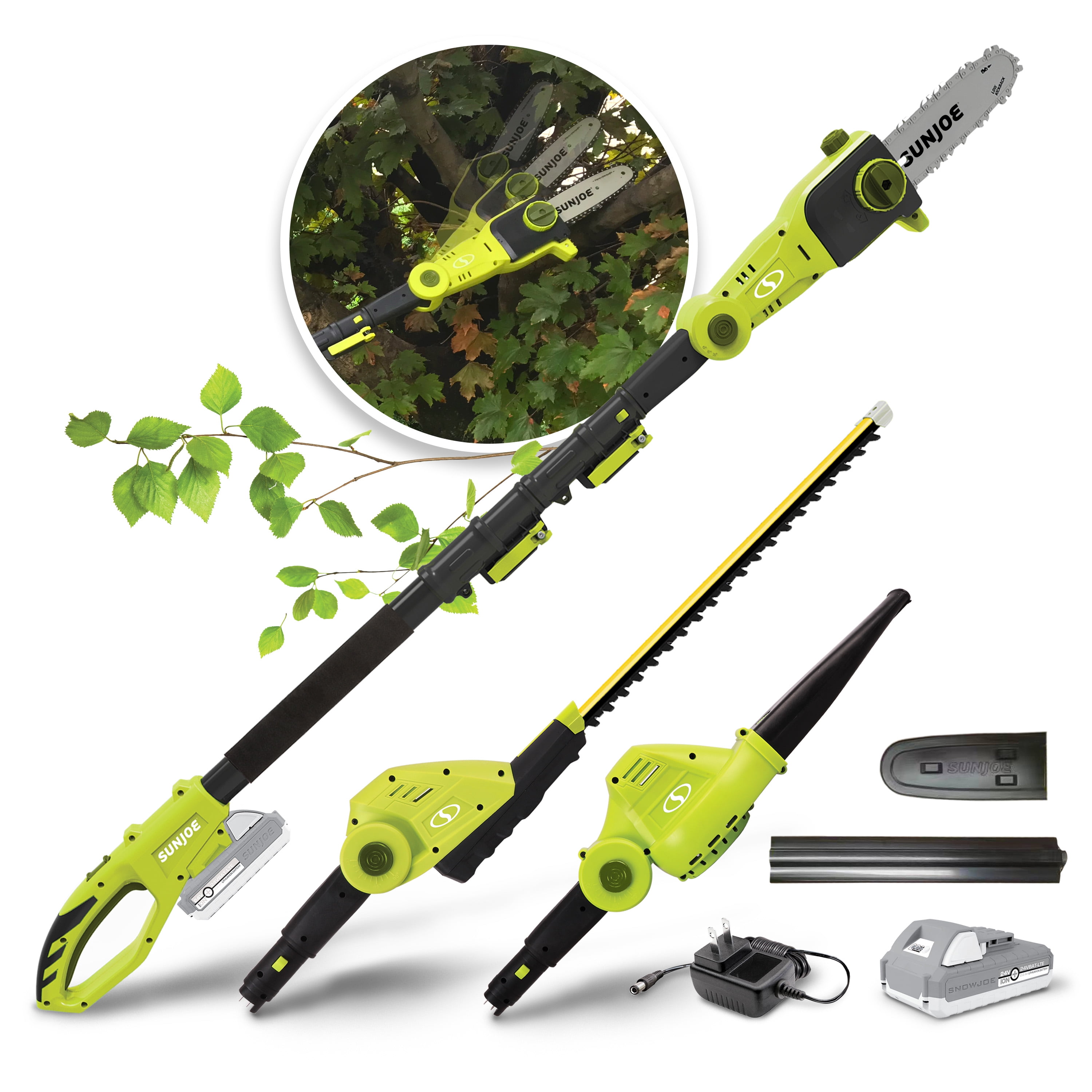 Sun Joe 24V Cordless 3-in-1 Hedge Trimmer + Pole Saw + Leaf Blower Yard Care Multi-Tool, 2.0-Ah Battery & Charger