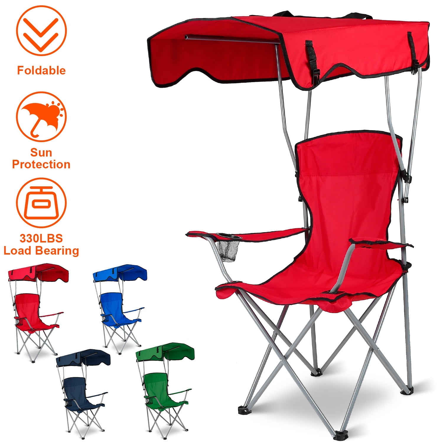 Sun Protection Foldable Canopy Chair,Camping Lawn X-shaped Support Chair w/ Cup Holder