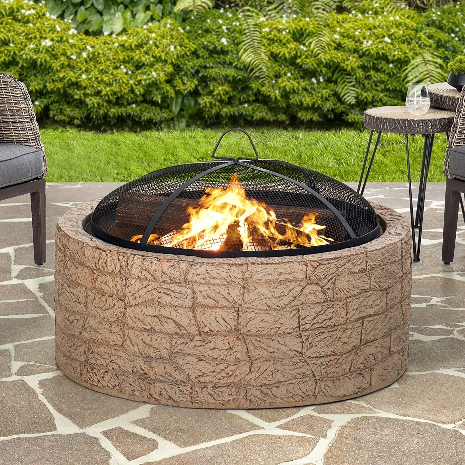 Sunjoy Stone Fire Pit 26 Inch, Outdoor Round Wood Burning Fire Pits with Spark Screen and Poker Tan