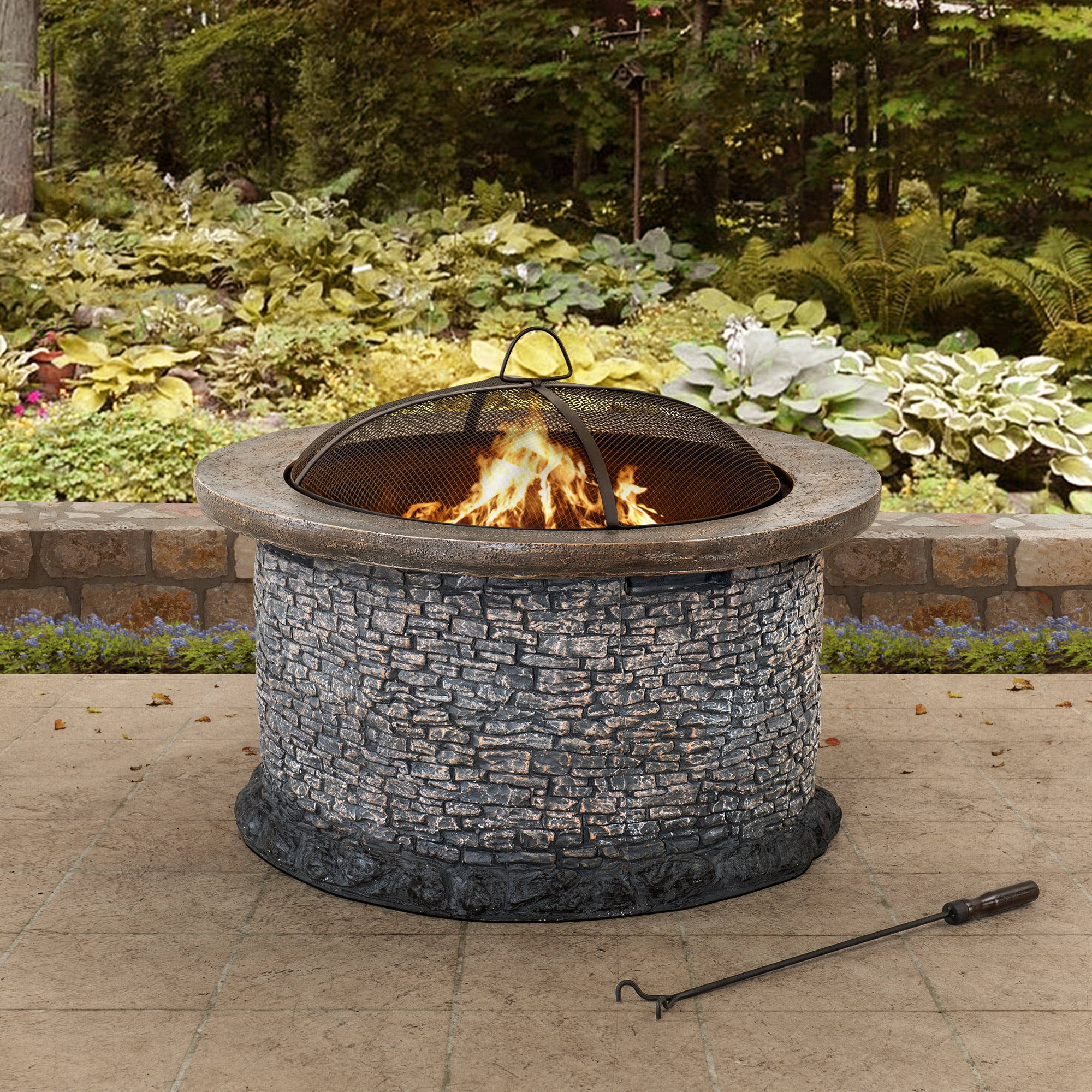 Sunjoy 32 in. Fire Pit for Outside, Outdoor Stone Wood Burning Firepits with Steel Mesh Spark Screen and Fire Poker, Large Bonfire for Patio and Backyard