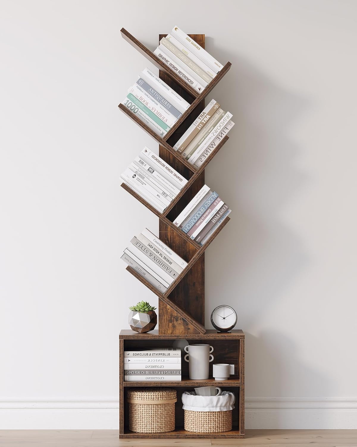 SUNMORY Bookcase, 6 Tier Tree Bookshelf, Small Bookcase with Storage Cabinet, Modern Tall Narrow Bookshelves Organizer, Floor Standing Book Shelf for Bedroom/Living Room, Rustic Broook
