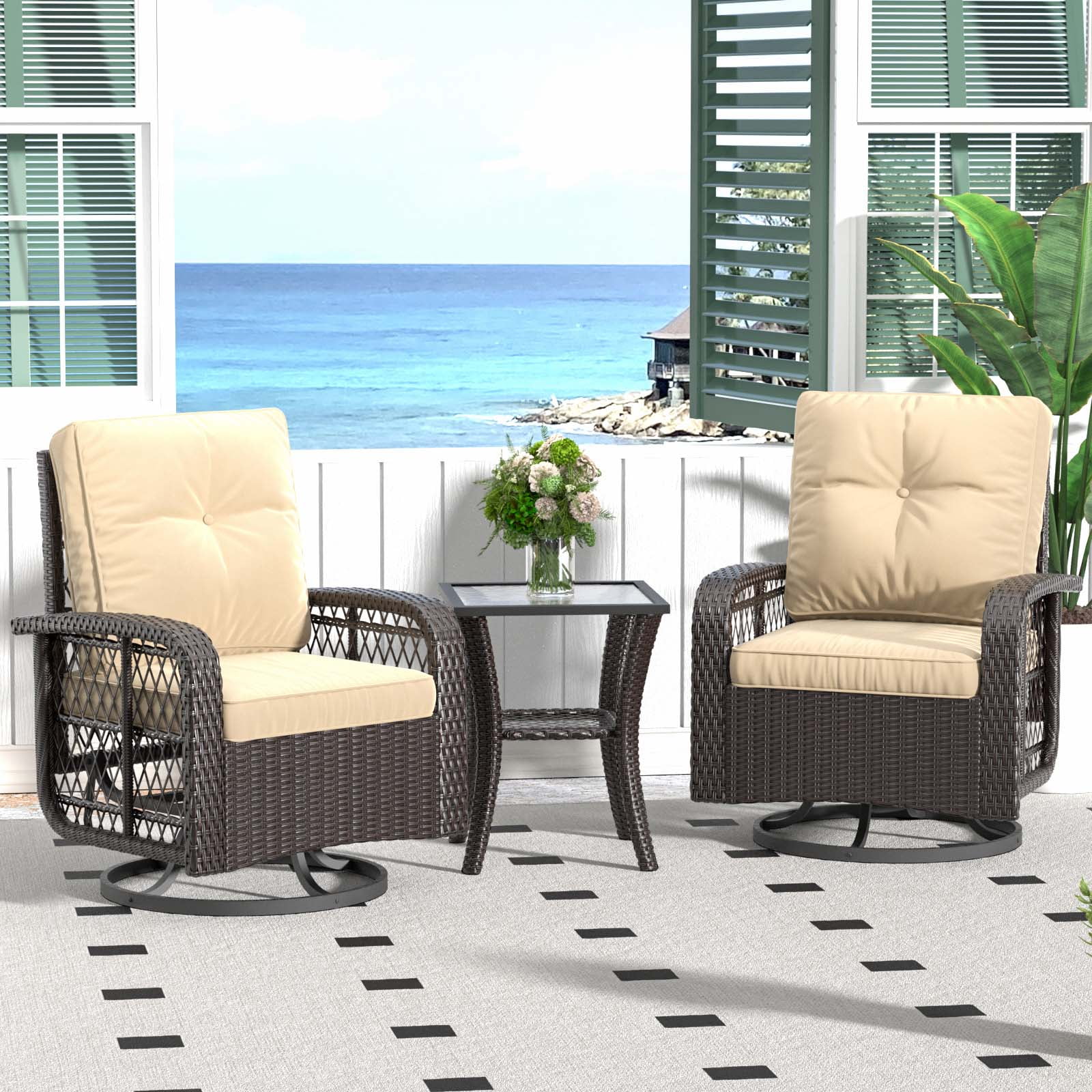 Sunmthink 3 Pcs Outdoor Wicker Swivel Rocker Patio Set,360 Degree Swivel Rocking Chairs Elegant Wicker Patio Bistro Set with Premium Cushions and Armored Glass Top Side Table for Backyard -Brown