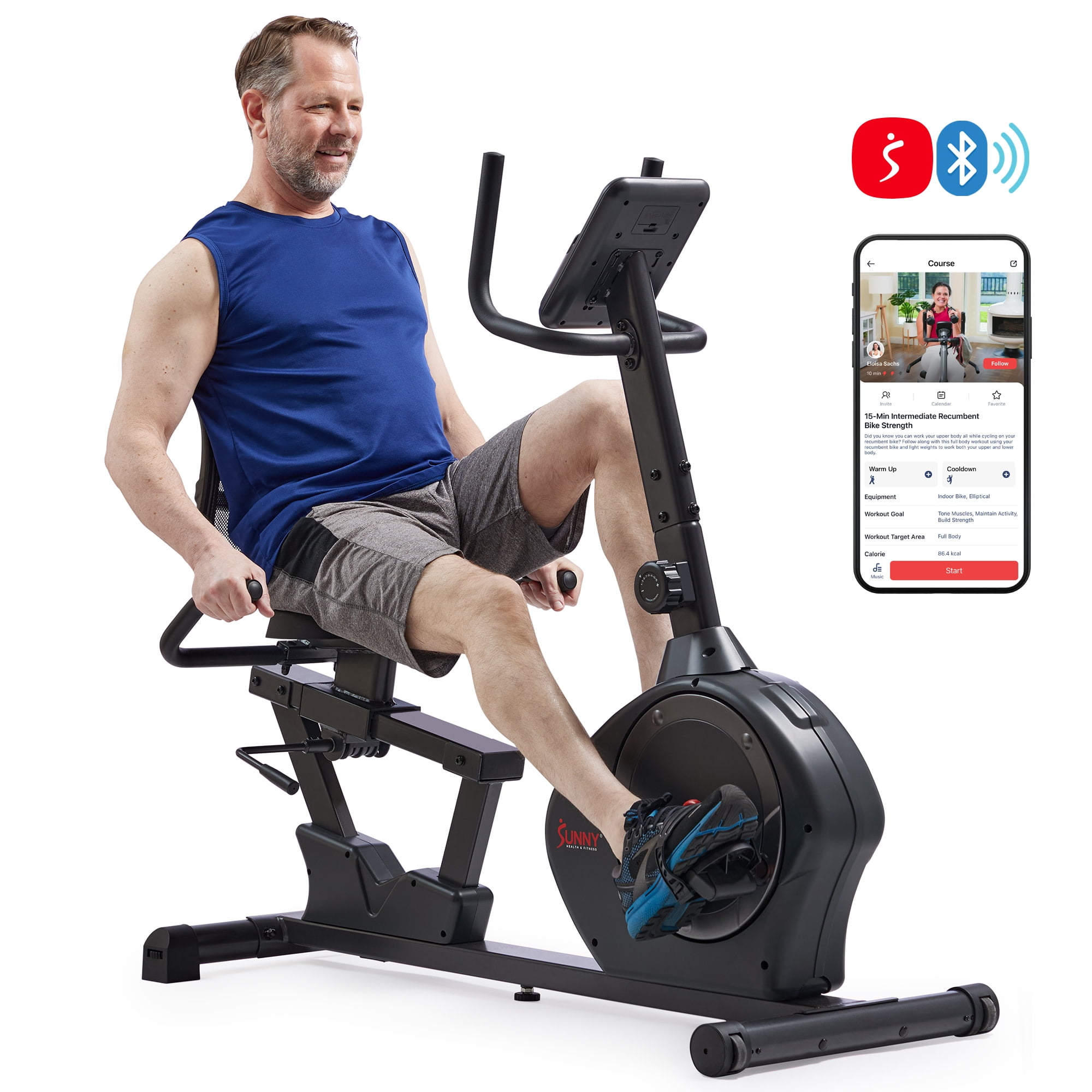 Sunny Health & Fitness Indoor Recumbent Cycling Bike w 350LB Capacity, Non-Crank Design, Cushion Seat for Senior or Rehab w Smart Bluetooth & FREE SunnyFit® App - SF-RB424002