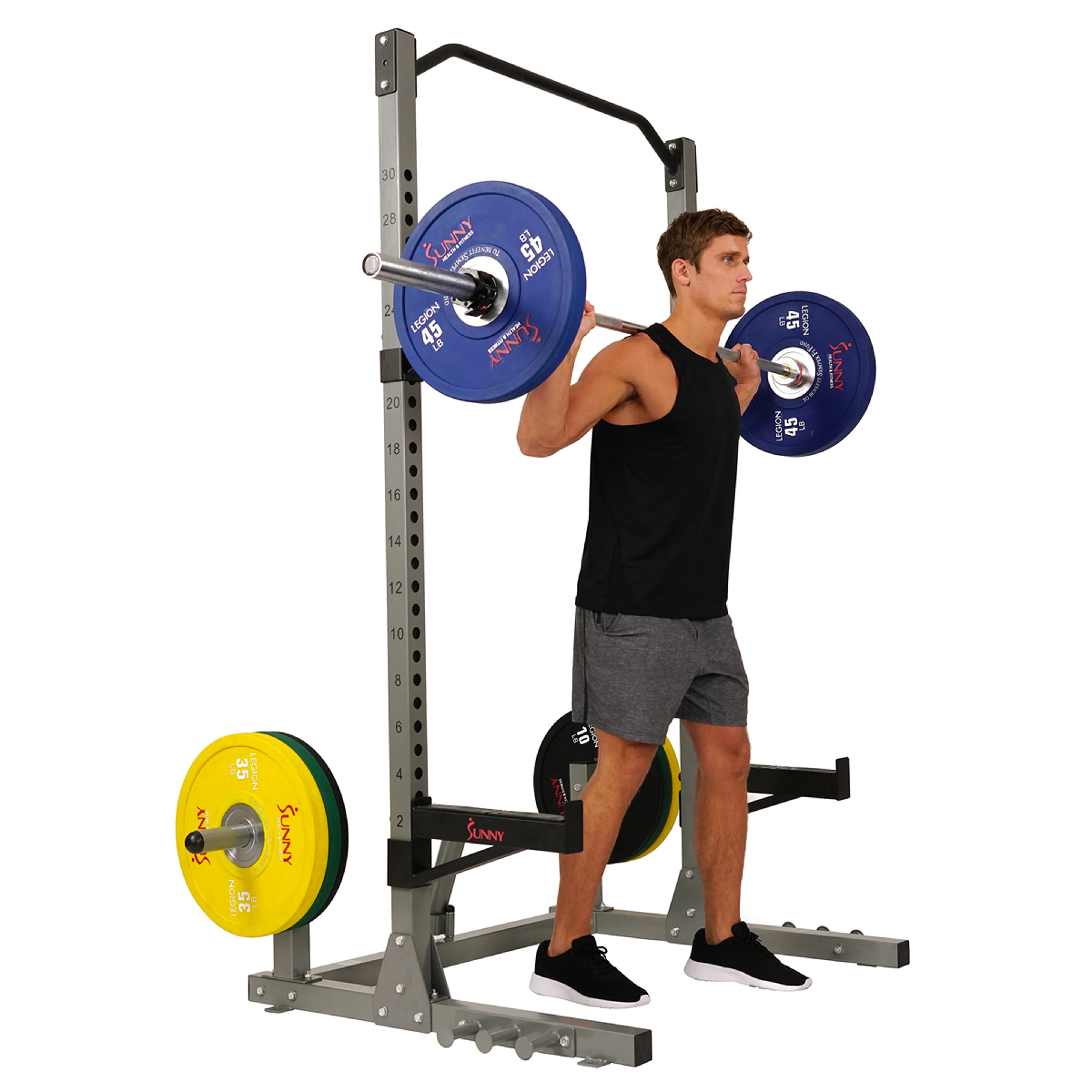 Sunny Health Fitness Power Cage Squat Rack Tower Workout Stand w/Swivel Landmine Post, High Capacity, Plate Storage, SF-BH6802