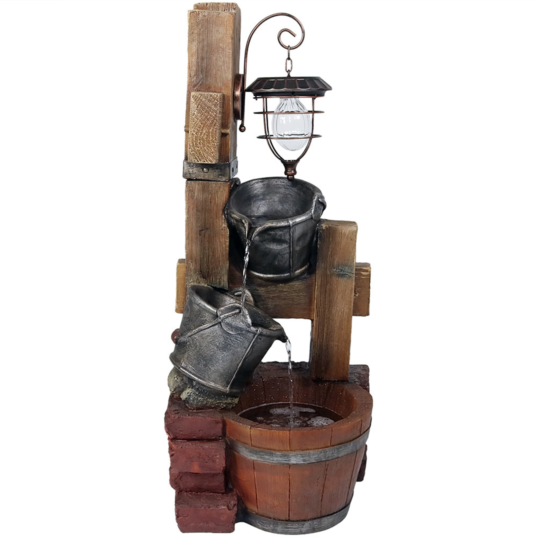 Sunnydaze Rustic Pouring Buckets Polyresin Outdoor Water Fountain with Light