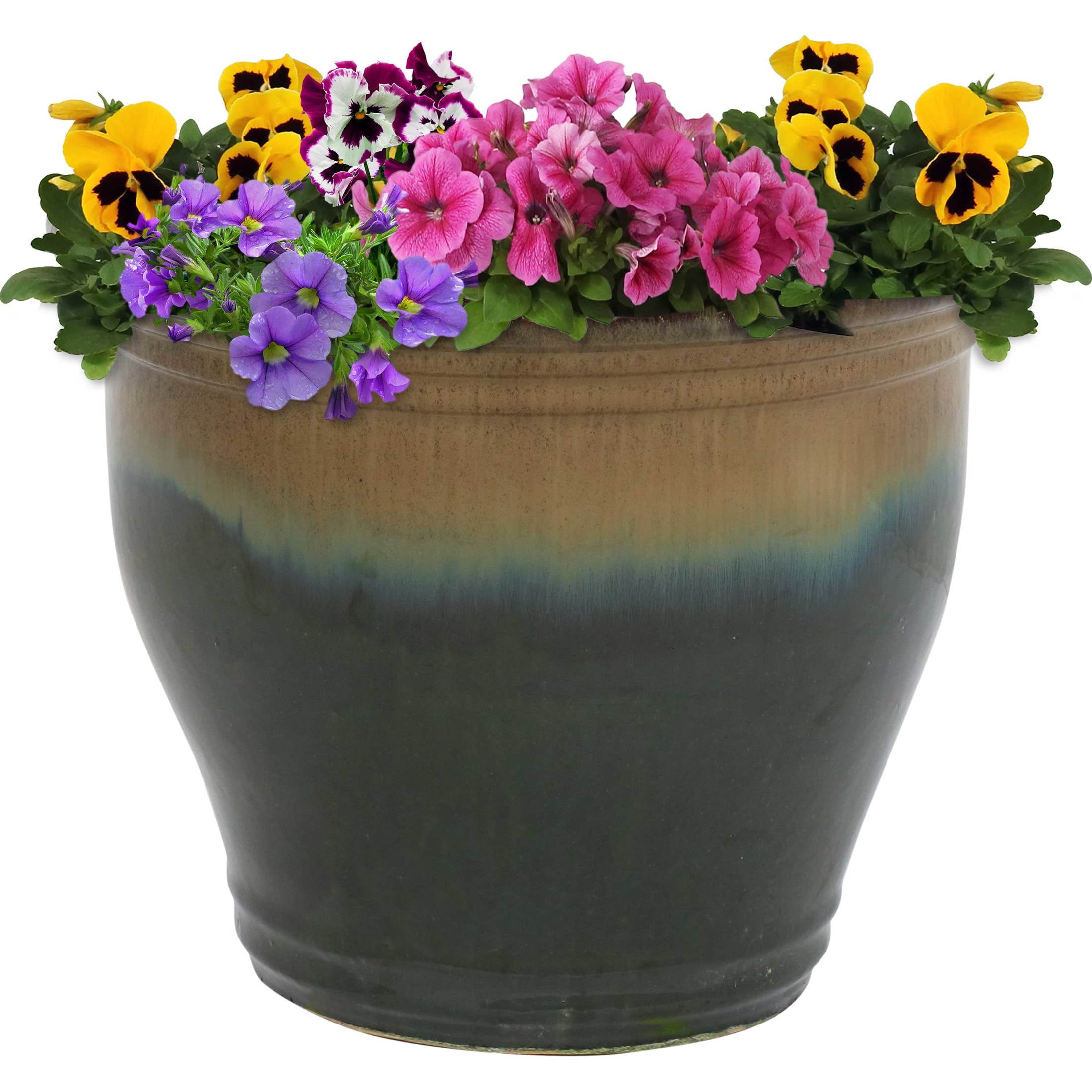Sunnydaze Studio 15" x 15" x 12.5" Round Forest Lake Green Ceramic Outdoor Planter