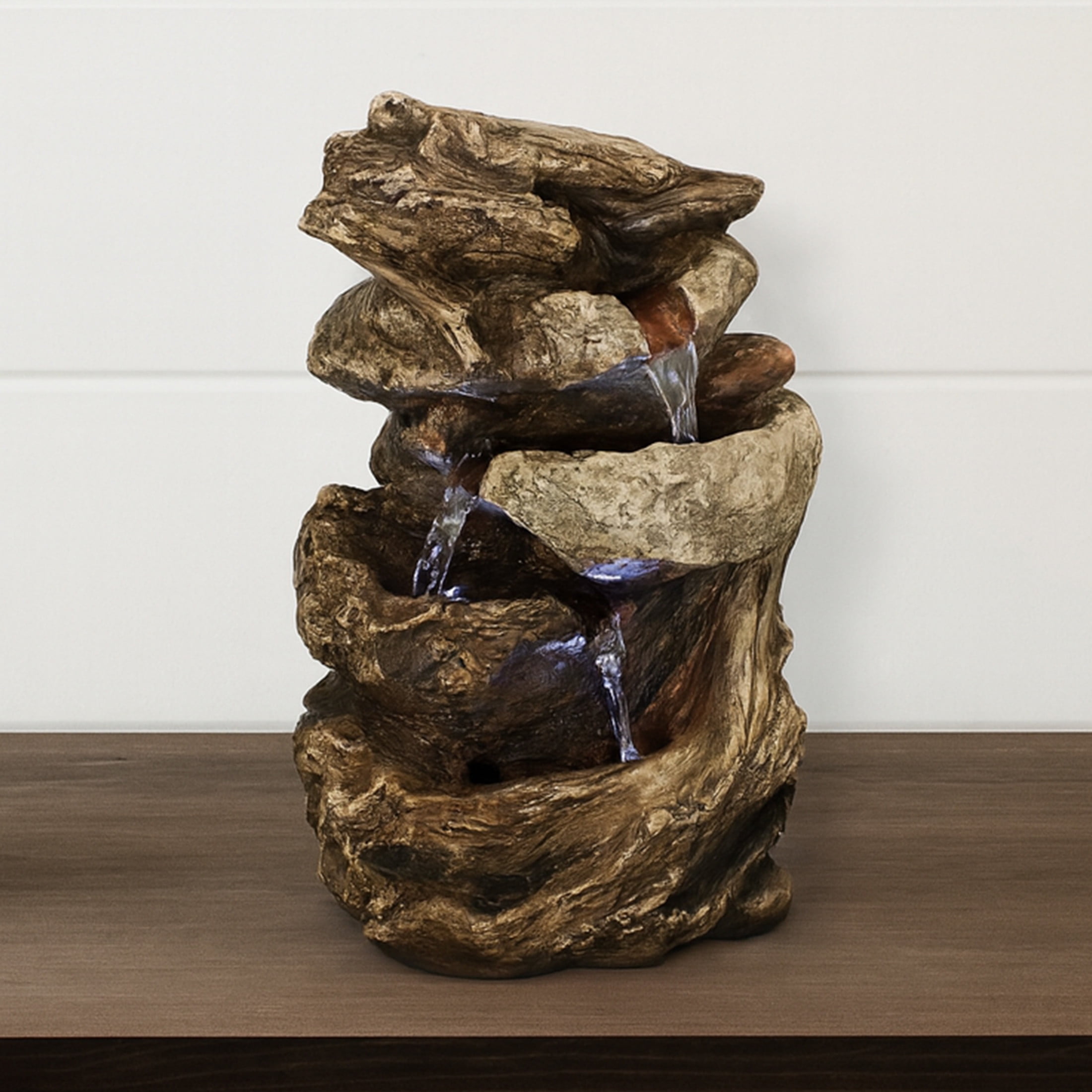 Sunnydaze Tiered Rock & Log Indoor Waterfall Fountain with LED Lights - 10"