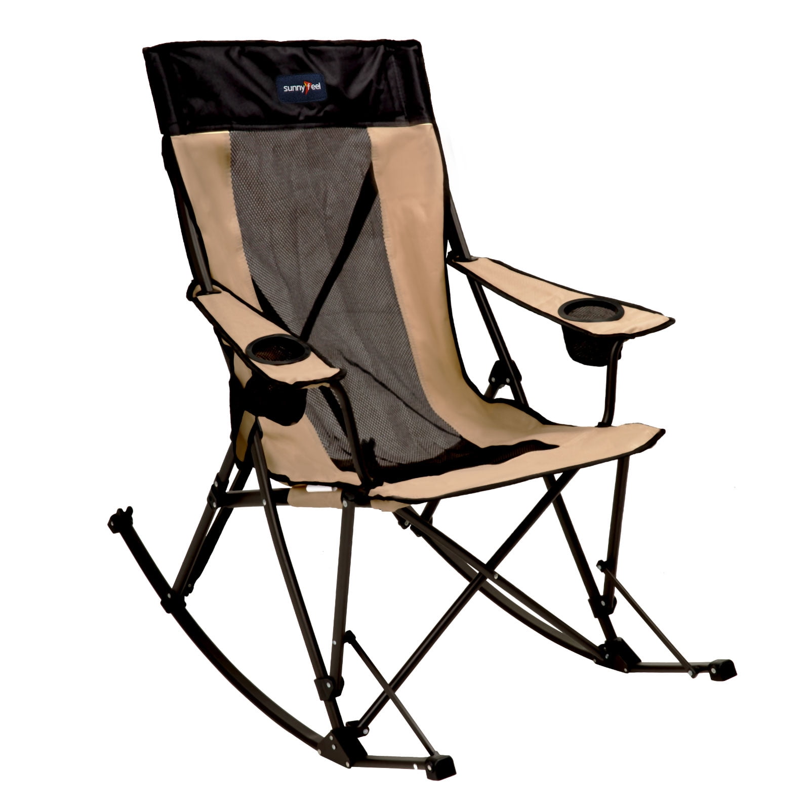 SunnyFeel Camping Rocking Chair for Adults, Oversized Folding Rocker Lawn Chair with Mesh Back (Khaki)