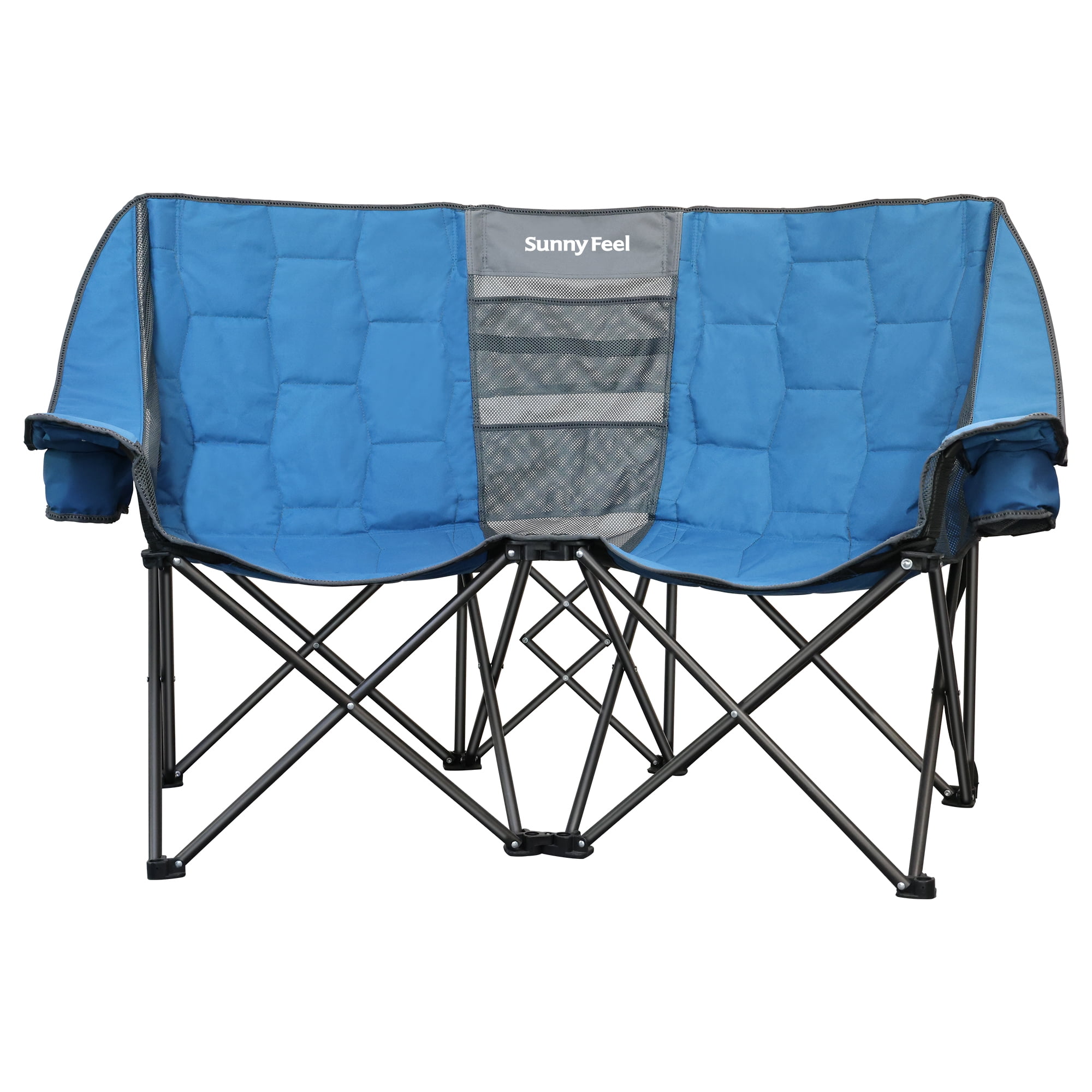 Sunnyfeel Heavy Duty Double Camping Chair Folding Loveseat with Mesh Storage, Comfortable for 2 Person, Blue