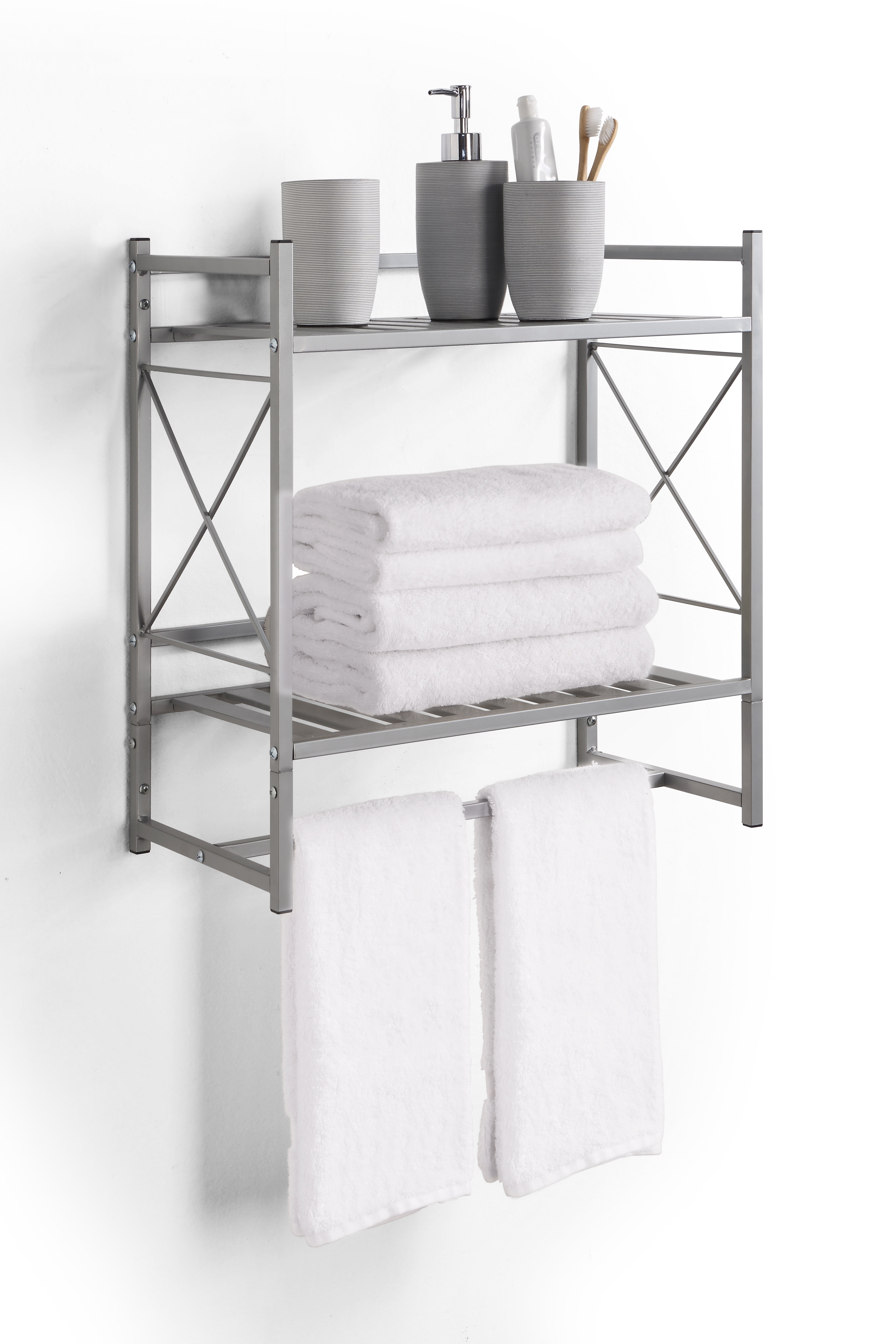 SunnyPoint Classic Square Bathroom Shelf 2 Tier Shelf with Towel Bar Wall Mounted Shower Storage (Classic - Wall Mount - SIL)