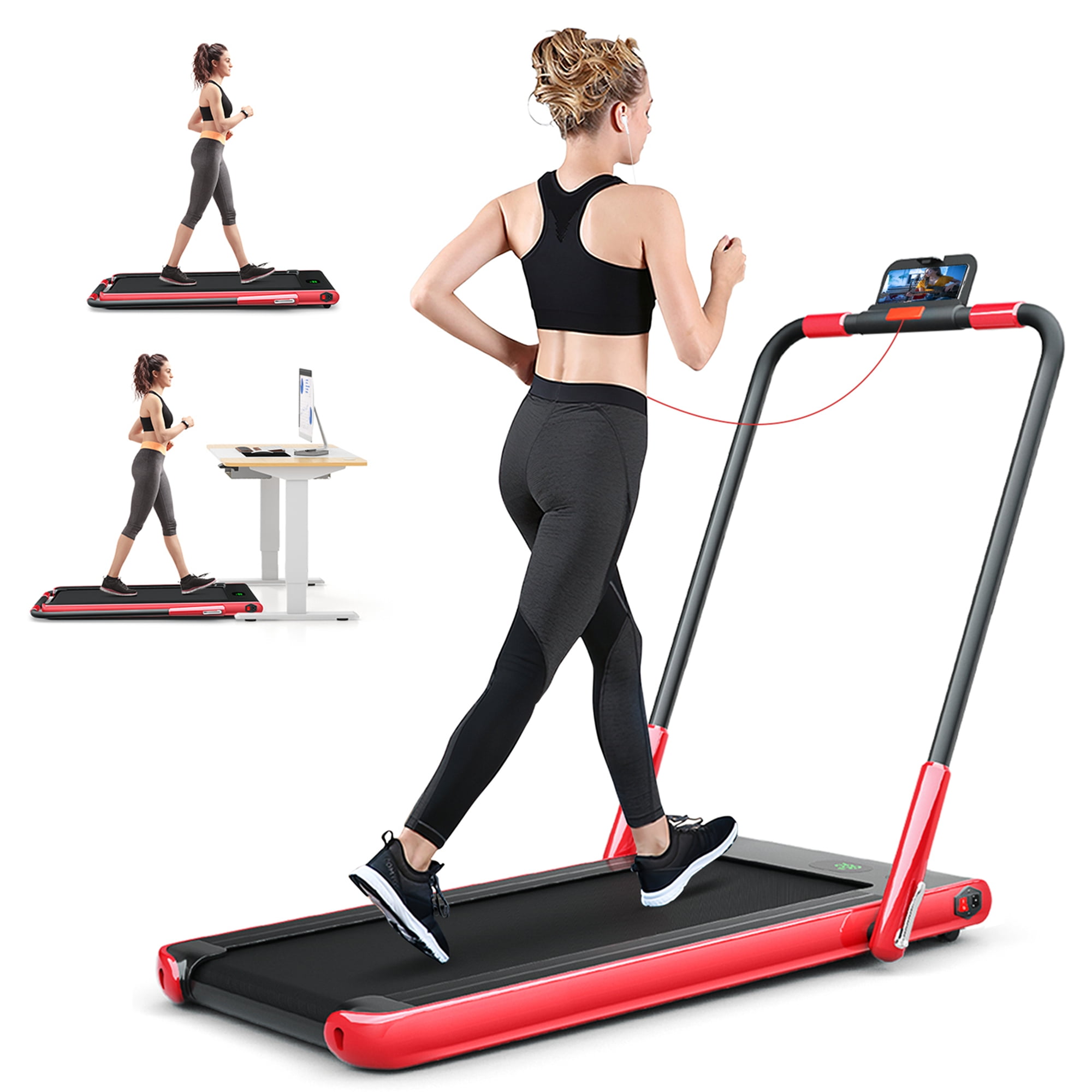 Superfit Up To 7.5MPH 2.25HP 2 in 1 Folding Under Desk Treadmill W/ Speaker Remote Control APP, Single Display Screen Red