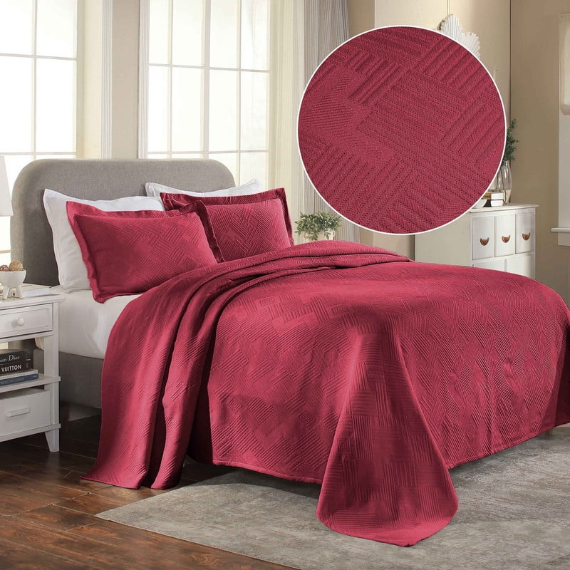 Superior Geometric Fret Cotton Decorative Bedspread and Sham Set, Twin, Burgundy