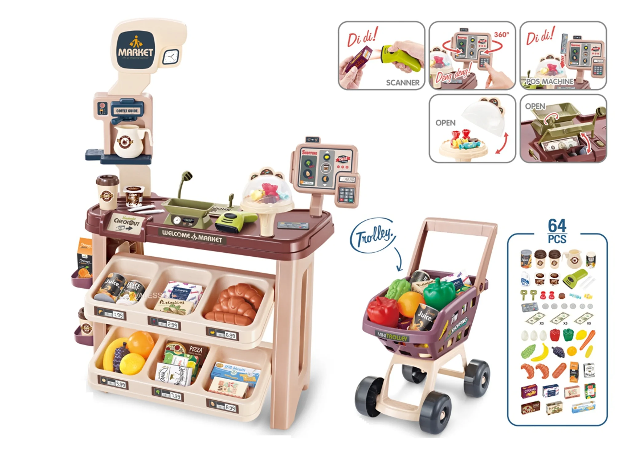 Supermarket Play Set, Shopping Cart 64 Pieces for Toddlers Kids +3 Age by Mundo Toys.