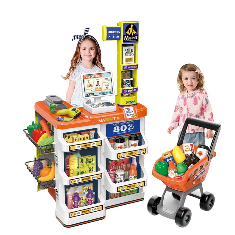 Supermarket Playset for Kids, Cash Register, Play Food 60 Pieces Grocery Store Toddlers +3 Mundo Toys