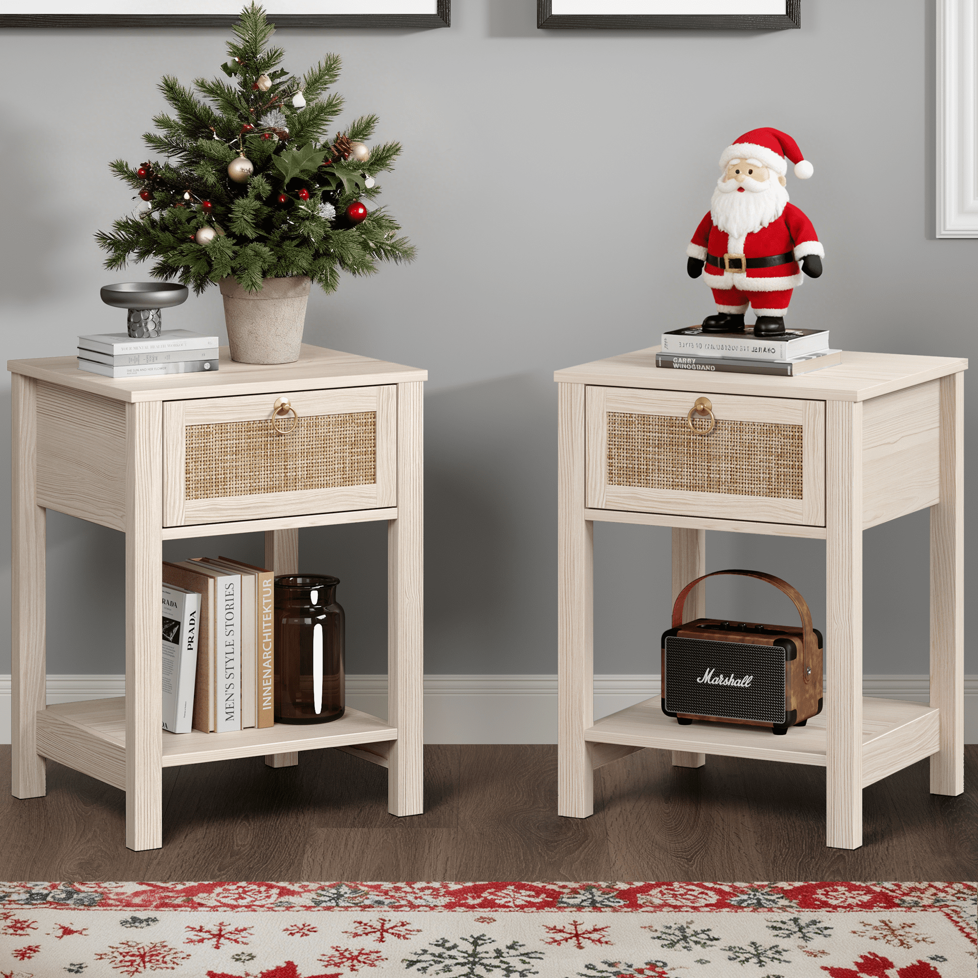 Surmoby White Nightstand Set of 2,Boho Bedside Tables with Rattan Decor Drawer and Open Storage Shelf, Night Stand and Dresser Set Side Table End Table for Bedroom Living Room Entryway