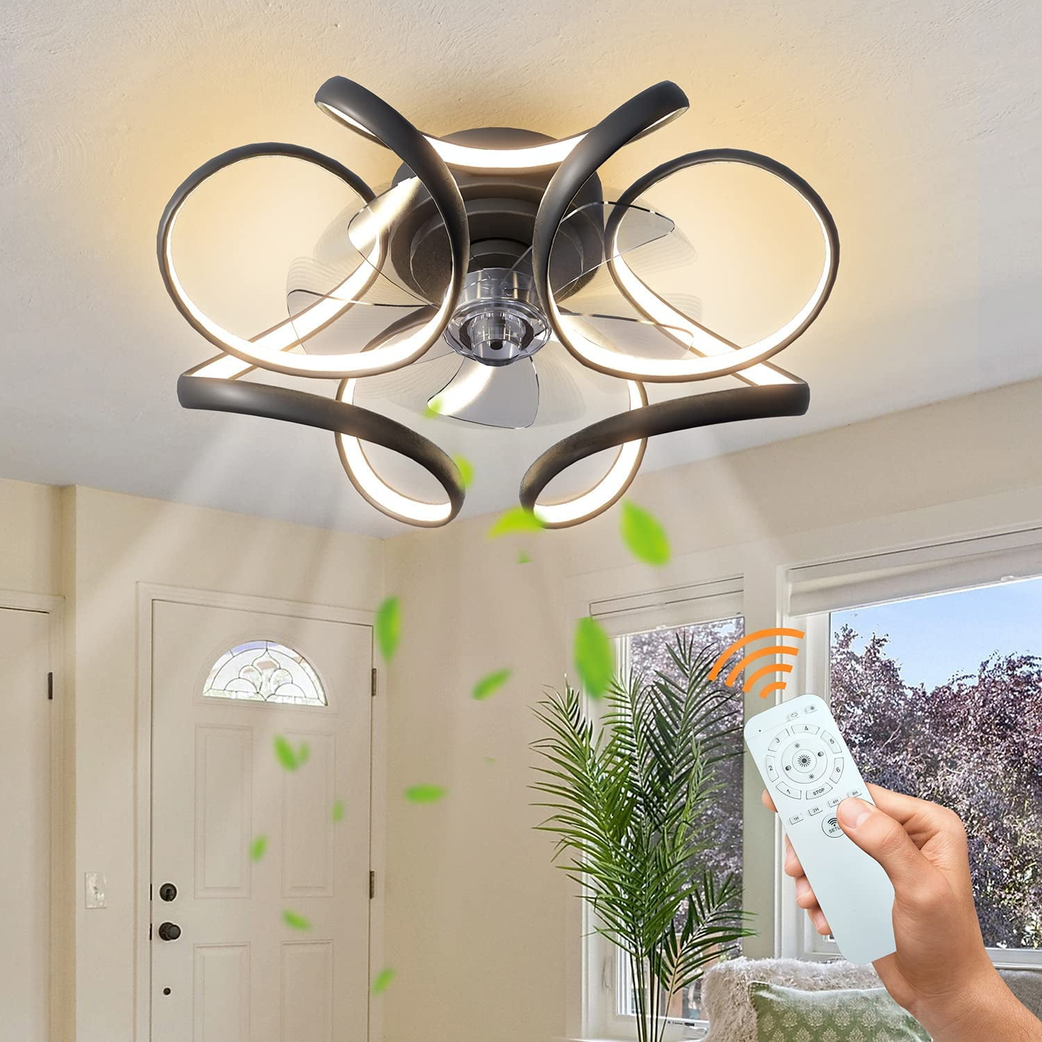 Surnie Ceiling Fan with Light, Modern Flush Mount Low Profile, Dimmable and Bladeless Ceiling Fans with Remote Control, Smart 3 Light Color and 6 Speeds for Living Room, Bedroom, Kitchen, Black