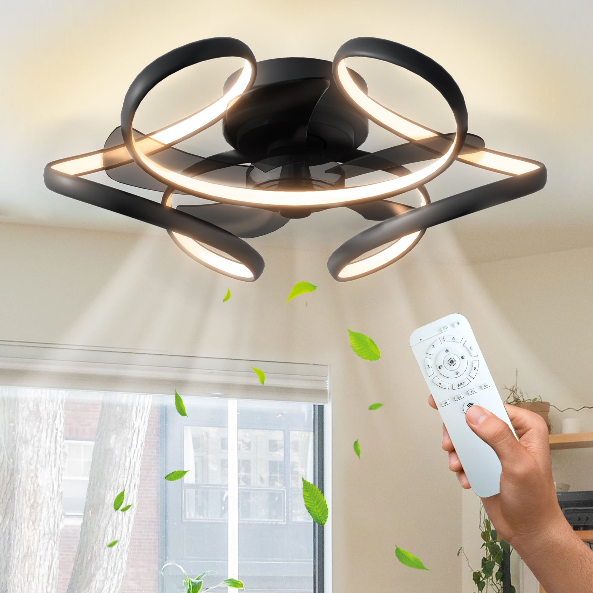 Surnie Ceiling Fan with Light Remote 6 Speeds 3 Colors Low Profile Modern Ceiling Fans Bladeless Flush Mount Ceiling Fan Geometric Reversible Dimmable for Living Room Bedroom Kitchen Black