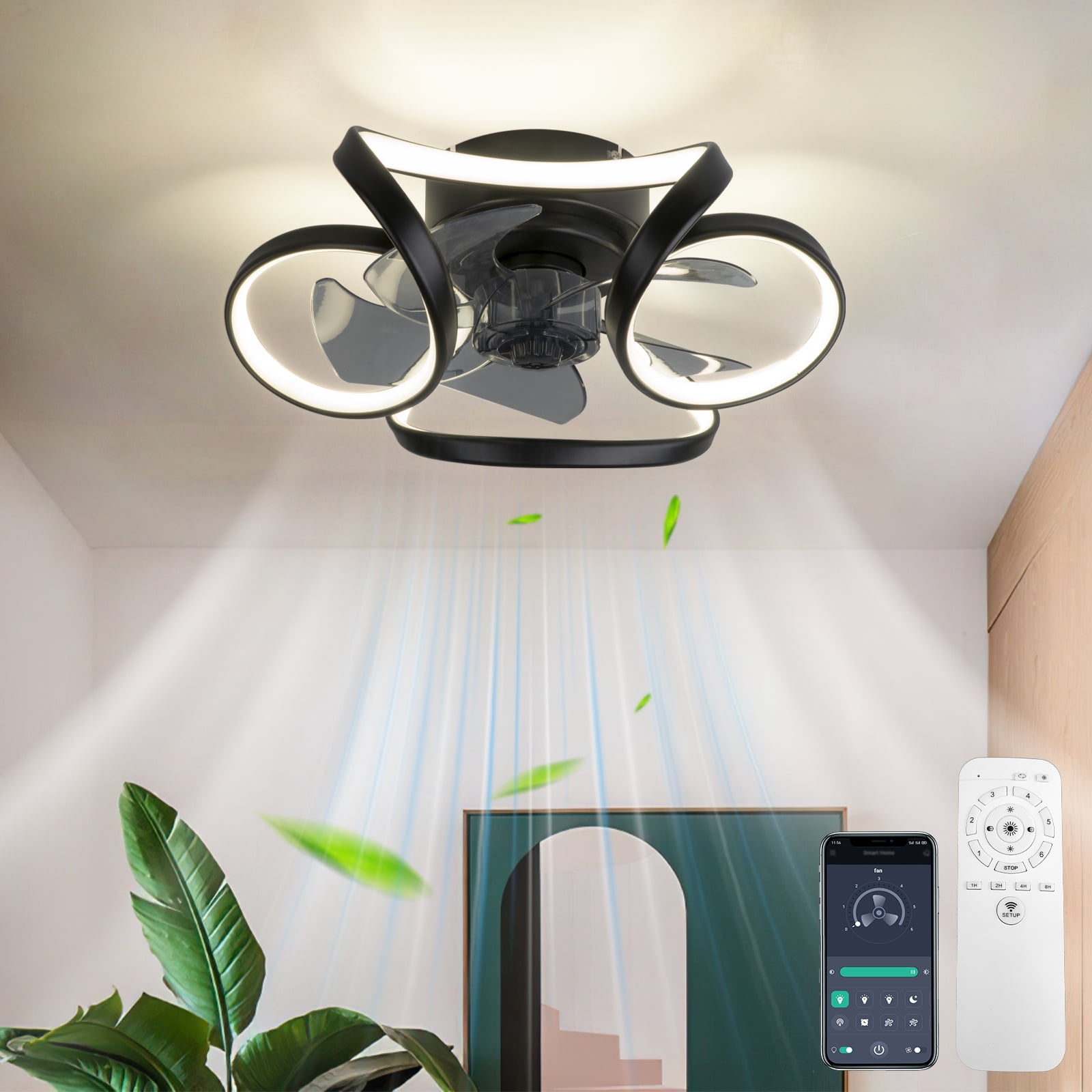 Surnie Ceiling Fans with Lights and Remote, Dimmable Low Profile Black Ceiling Fan, Flush Mount Bladeless Ceiling Fan, Stepless Color Temperature Change and 6 Speeds
