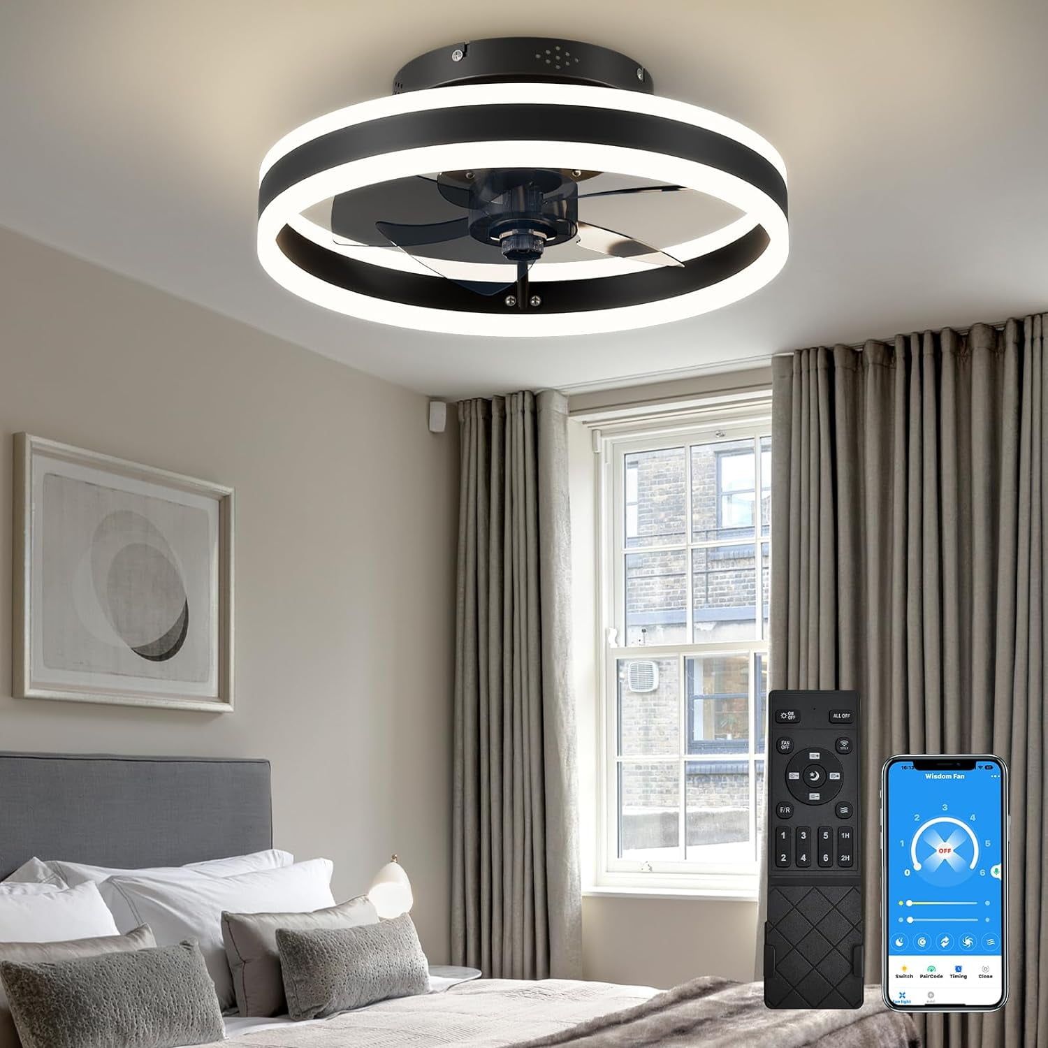 Surnie Low Profile 15.7" LED Small Ceiling Fan with Light - Modern, Semi-Enclosed Flush Mount, Smart APP & Remote Control, 6-Speeds, Black - Perfect for Bedroom and Living Room