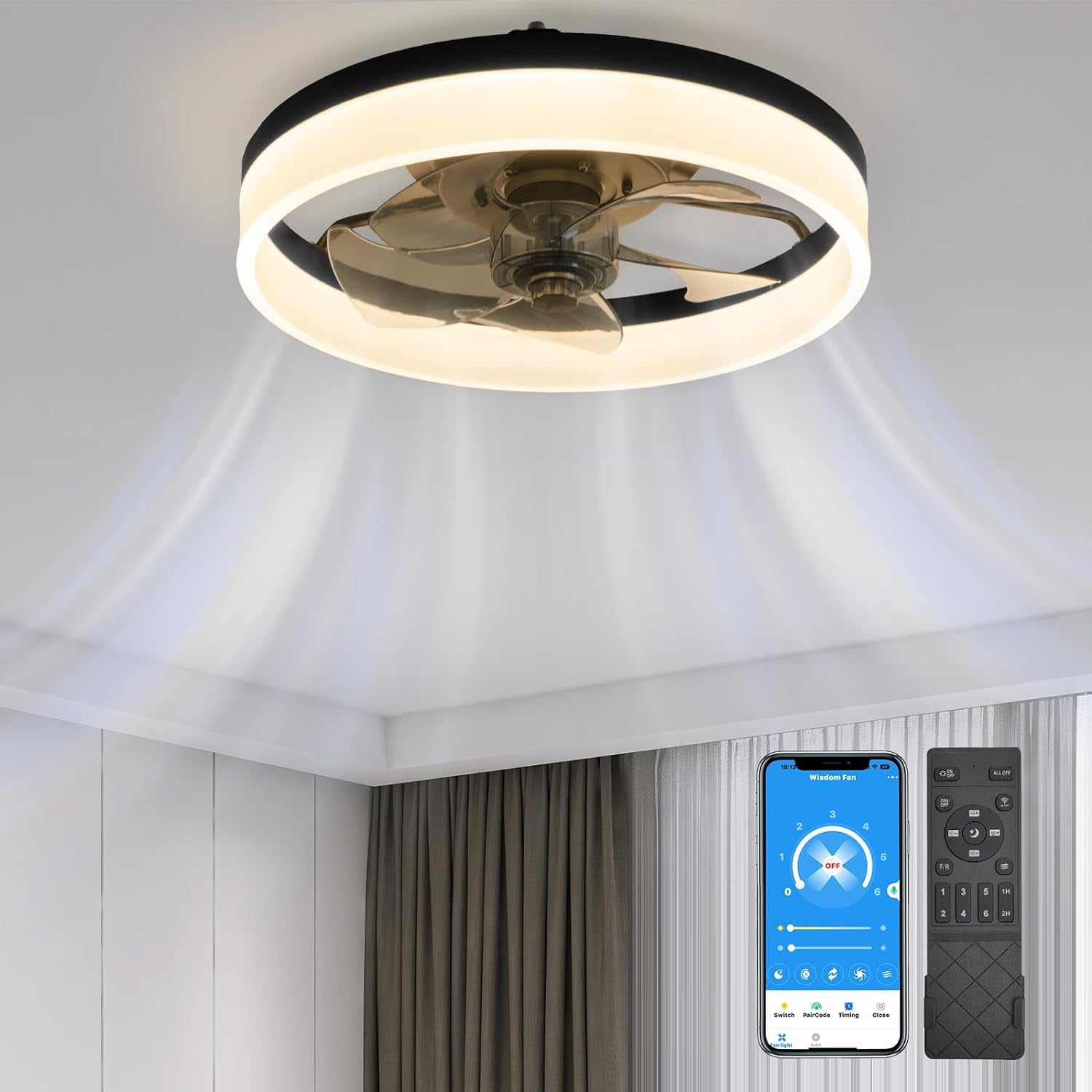 Surnie 15.7'' Black Finish Modern Style Dimmable LED Flush Mount Indoor Bladeless Ceiling Fan