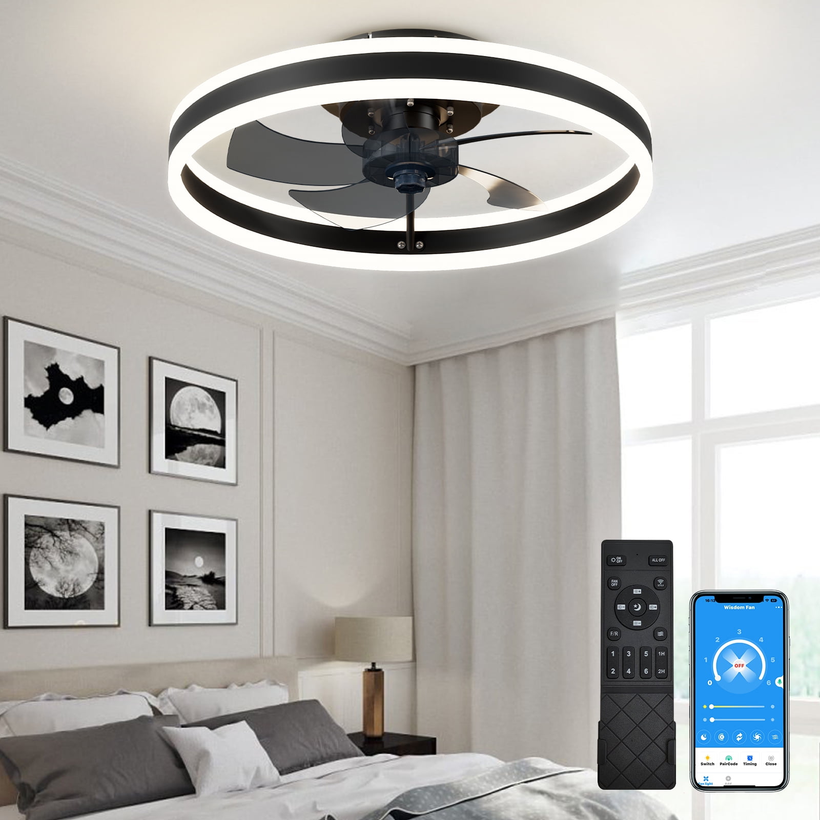 Surnie 20" Smart Ceiling Fan with Lights Remote APP Control, Modern Flush Mount Bladeless Ceiling Fans, 3 Color 6 Speed Low Profile Ceiling Fan with Light for Bedroom Living Room Kitchen - Black