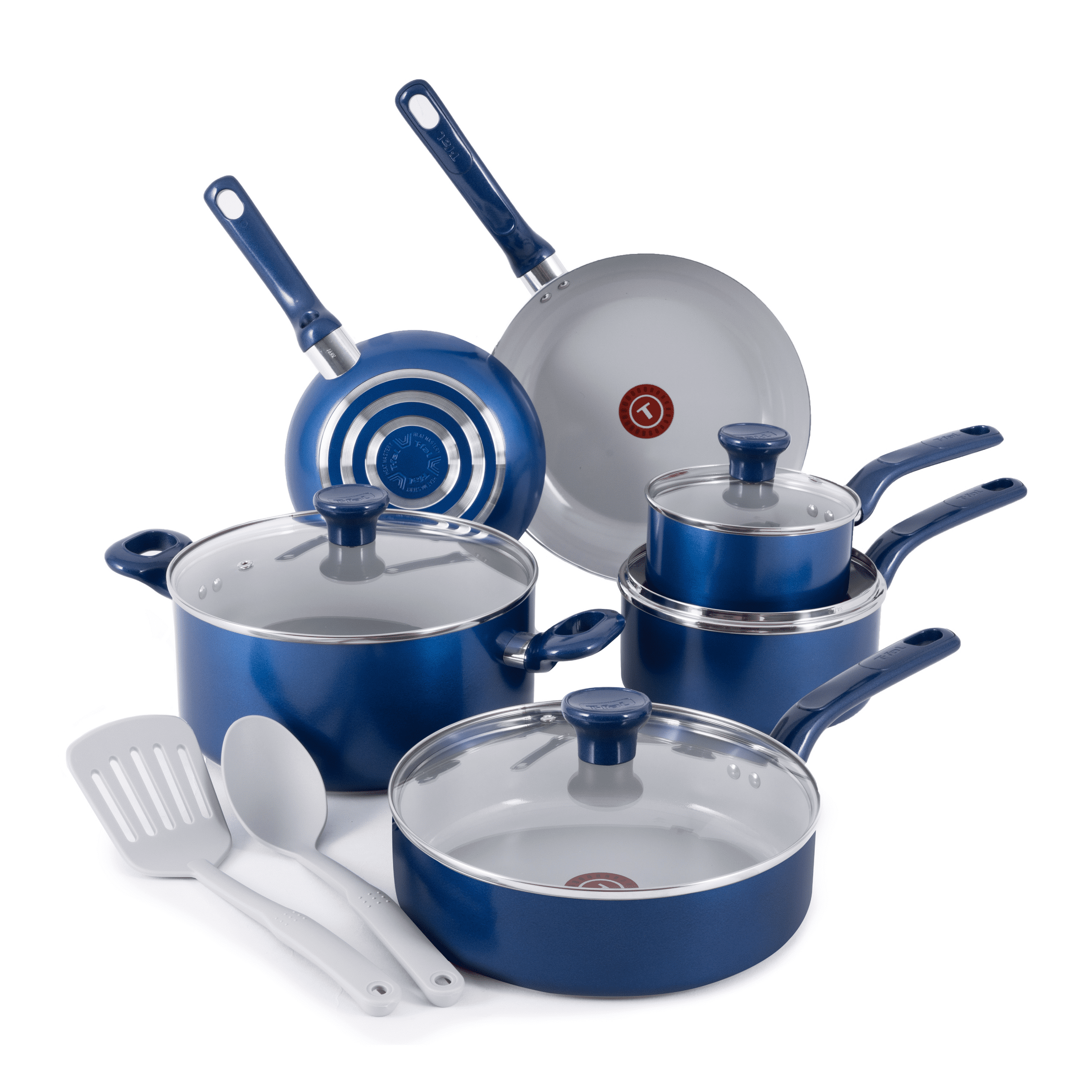 T-fal Easy Care Ceramic Non-Stick, 12 Piece Pots and Pans Cookware Set, Electric Blue
