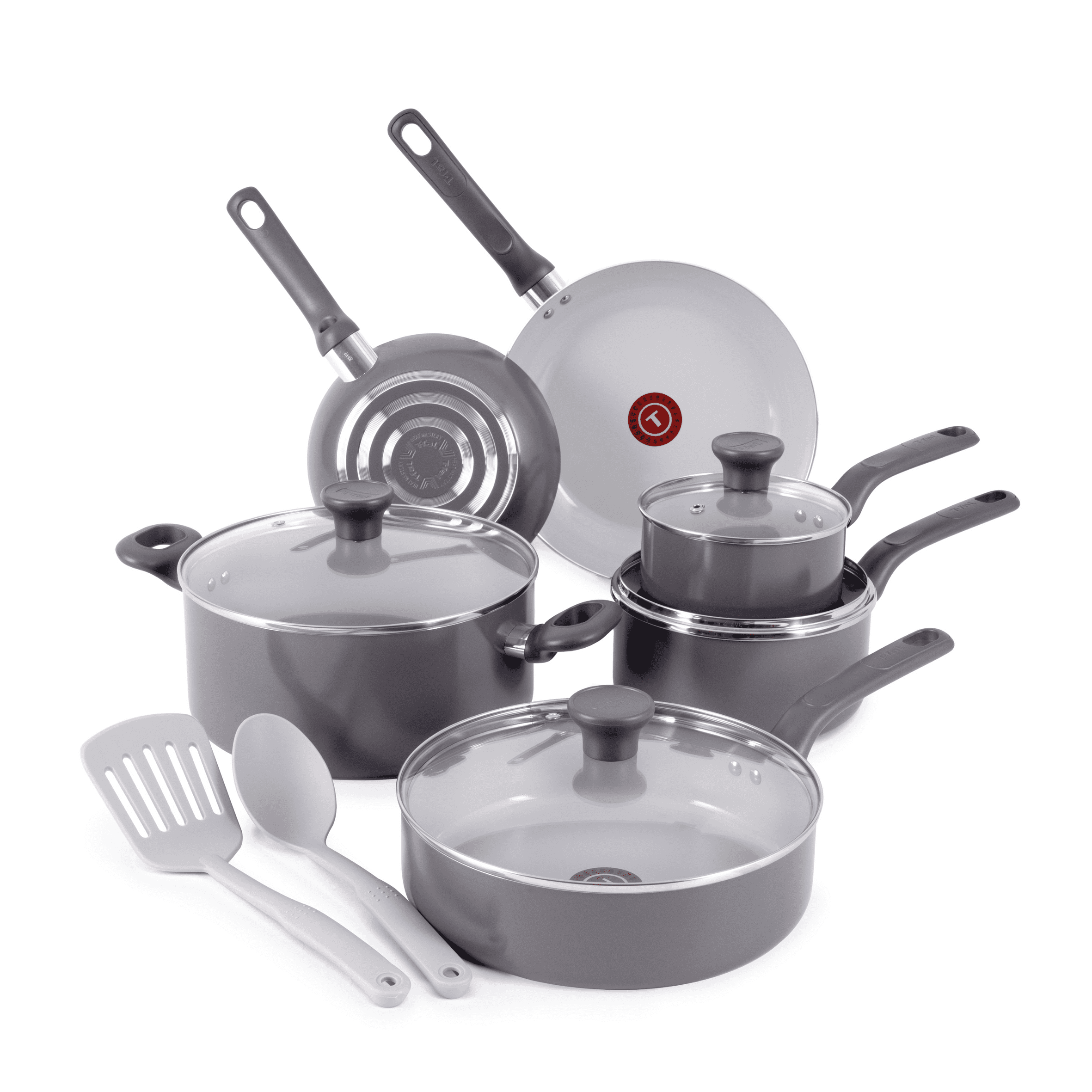 T-fal Easy Care Ceramic Non-Stick, 12 Piece Pots and Pans Cookware Set, Stone Grey