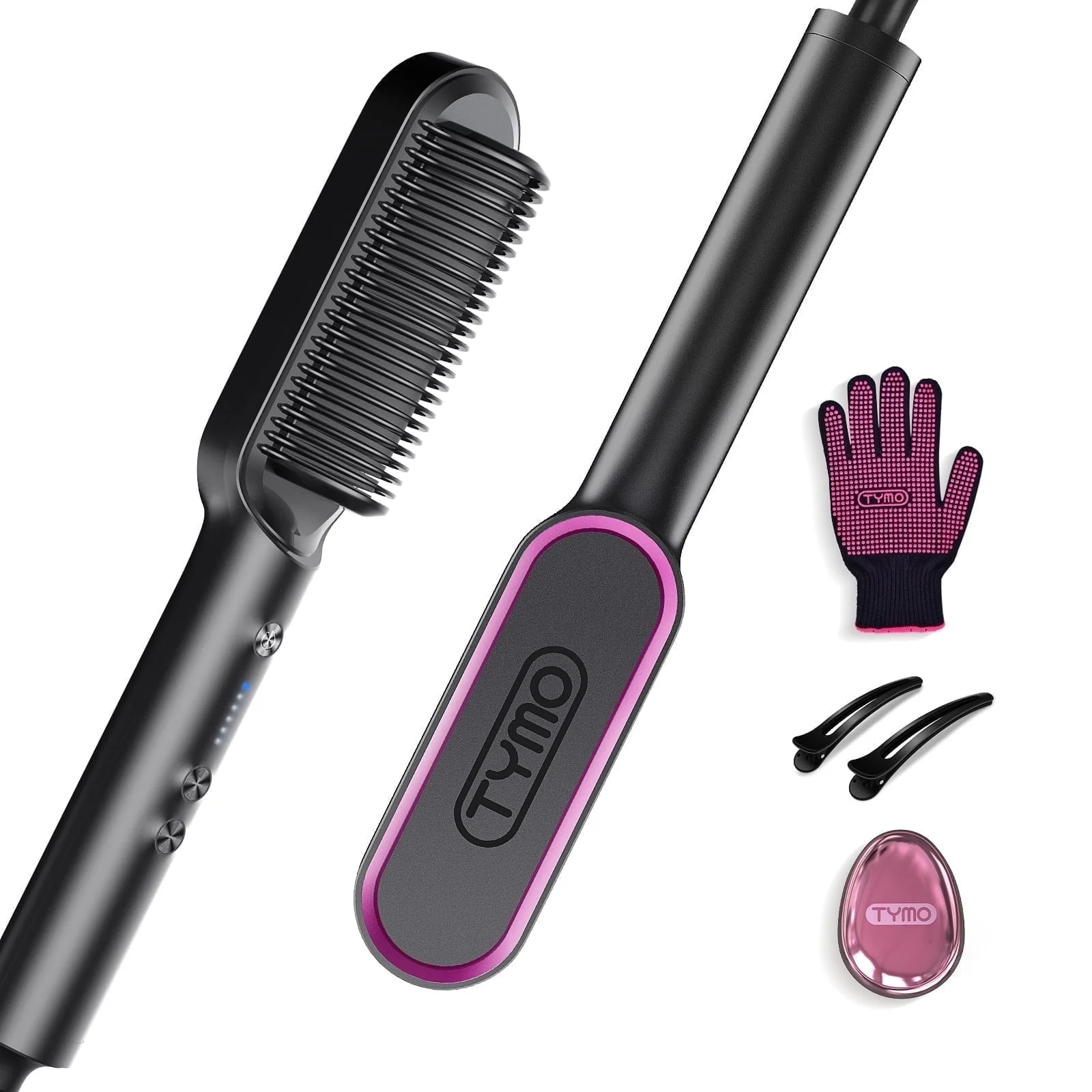 TYMO Ring Hair Straightener Brush, Flat Iron Comb, 5 Temp Settings & 20s Fast Heating, Dual Voltage,Black