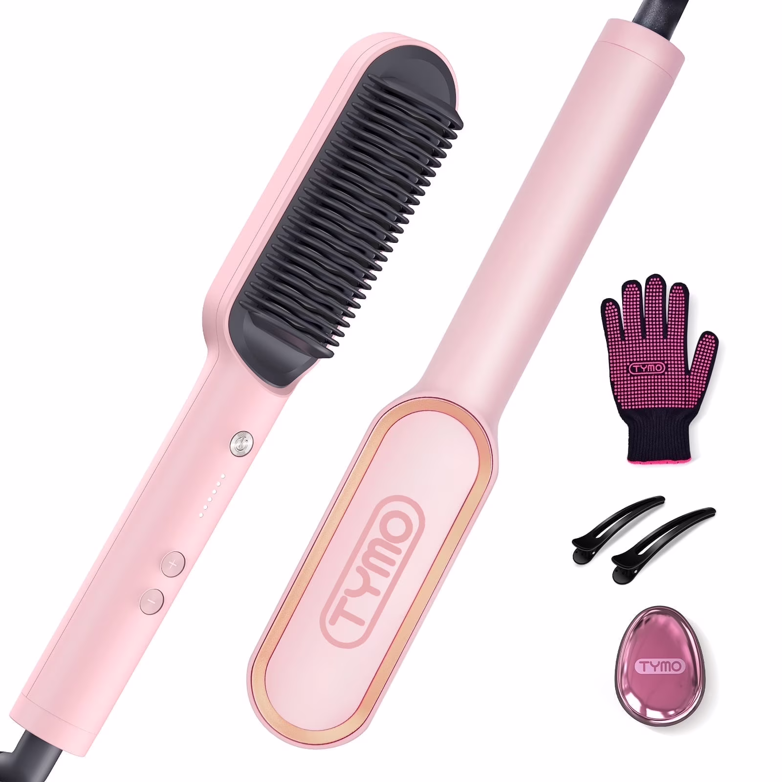TYMO Ring Hair Straightener Brush, Hair Straightening Iron with Built-in Comb, Anti-Scald & Dual Voltage, Pink