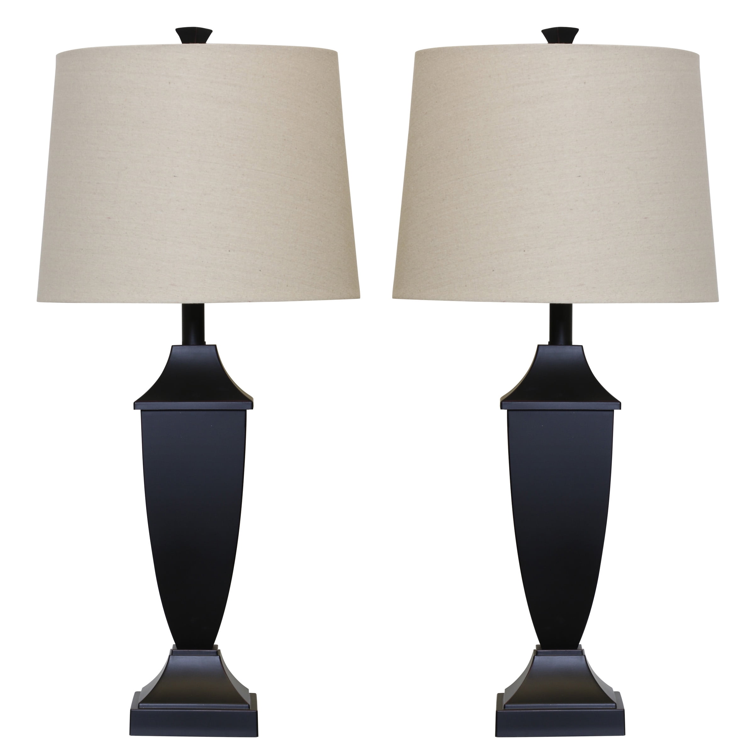 Table Lamp - Black Finish - Heathered Tan Hardback Fabric Shade - Set Of 2