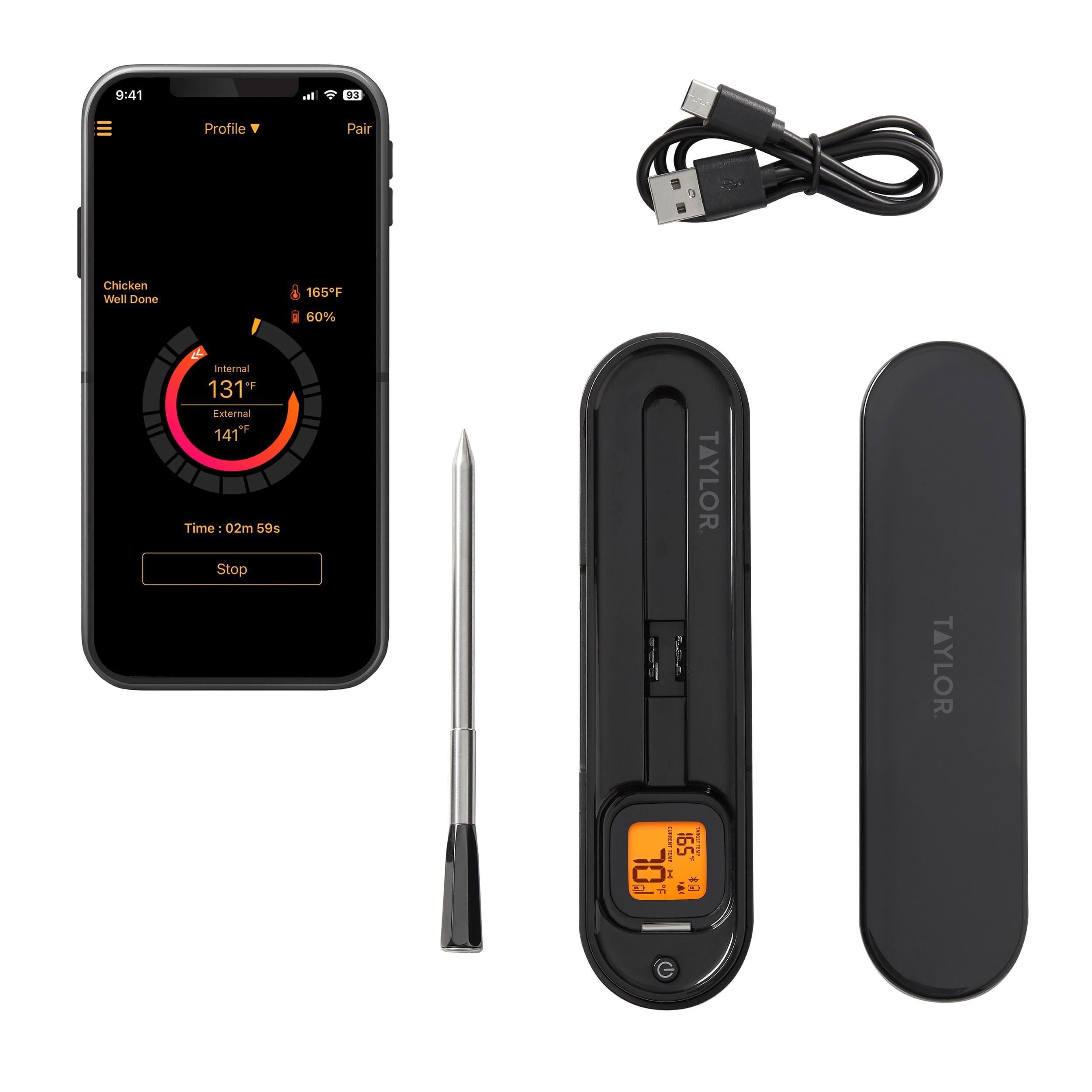 Taylor Waterproof Bluetooth Digital Wireless Grill and Meat Thermometer with Smart Probe Black
