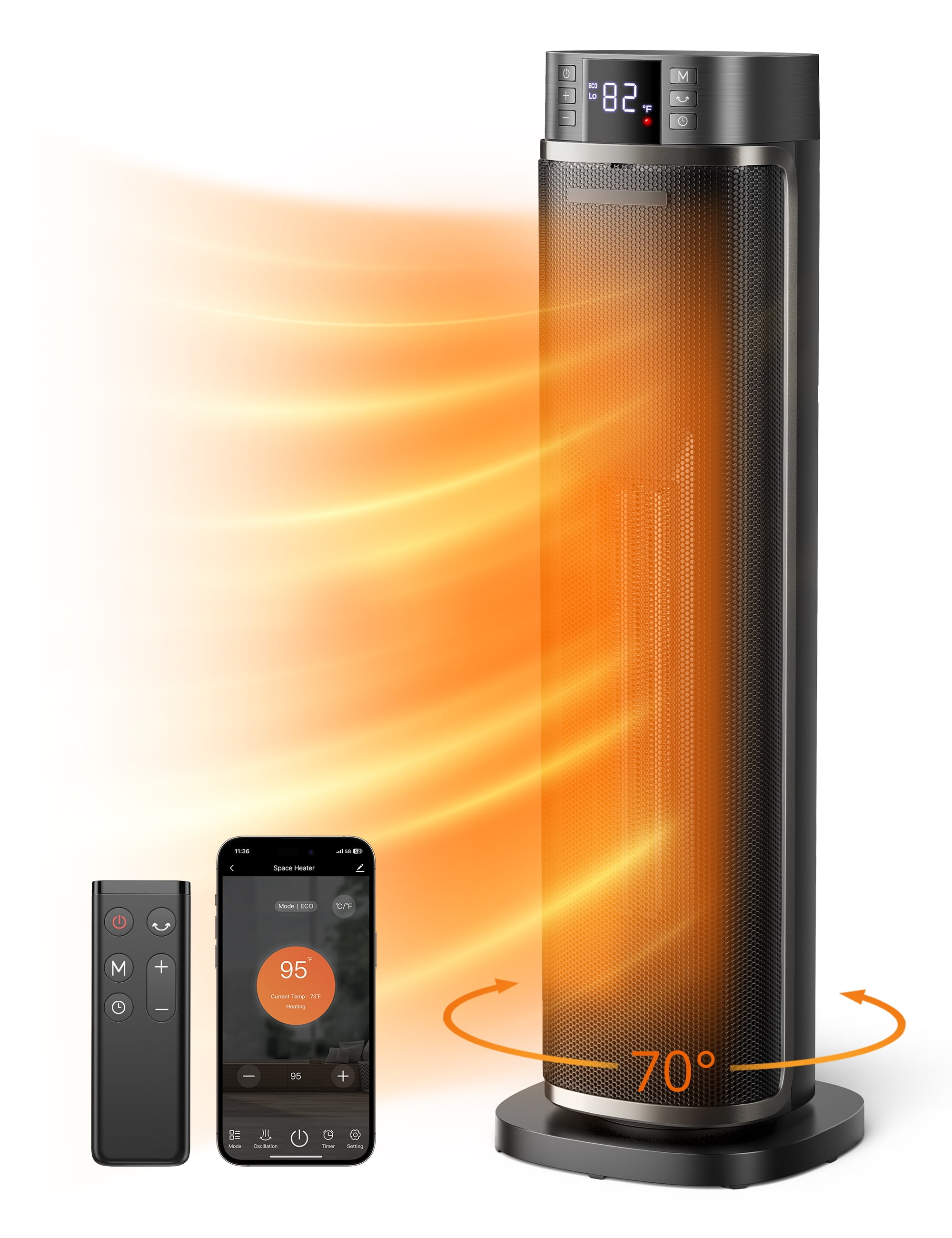 TaoTronics Space Heater, 24'' Indoor Tower Heater, Electric Heater for Inside Home, 1500W Portable Heater with Remote/APP, 70° Oscillating Heater, 12H Timer, PTC Ceramic Heater for Inside