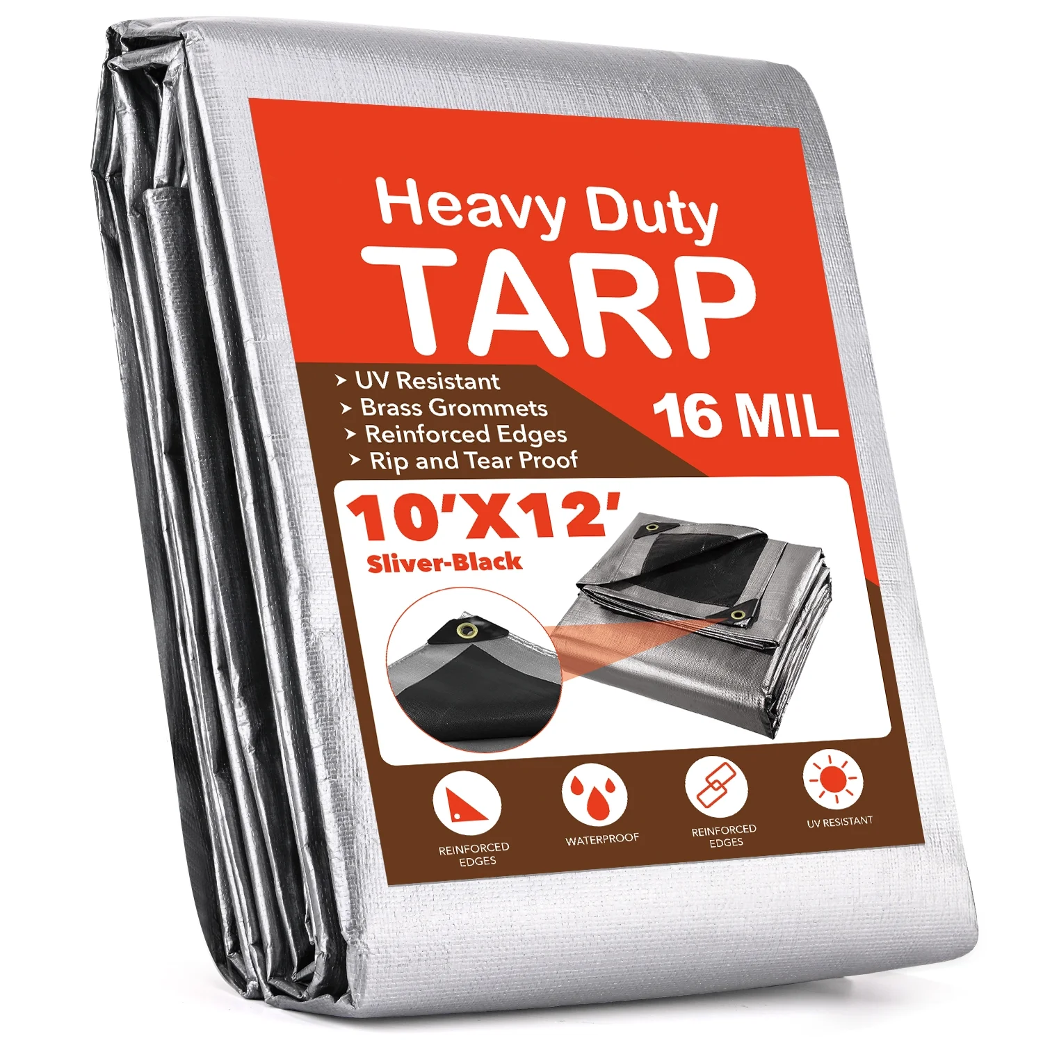 Tarps Heavy Duty Waterproof 10? X 12?, Extra Thick 16 Mil, Tear & Fade Resistant, 100% UV Blocking, Outdoor Tarp with Reinforced Grommets for Roof, Camping, Patio, Pool, Boat(Silver/Black)