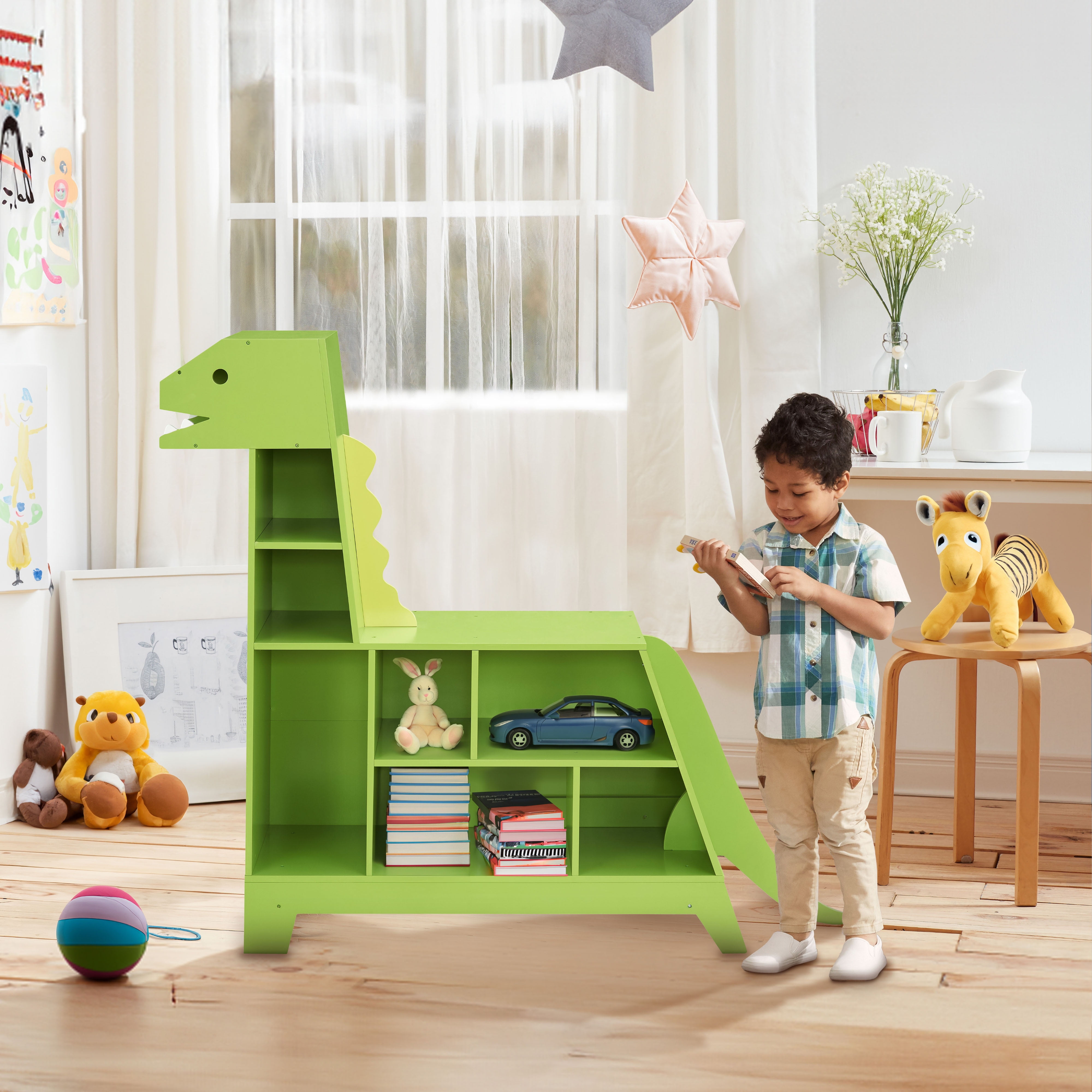Teamson Kids Dinosaur Shaped Kids Bookcase Toy Organizer with Reading Nook, Kids and Toddlers Room, Green