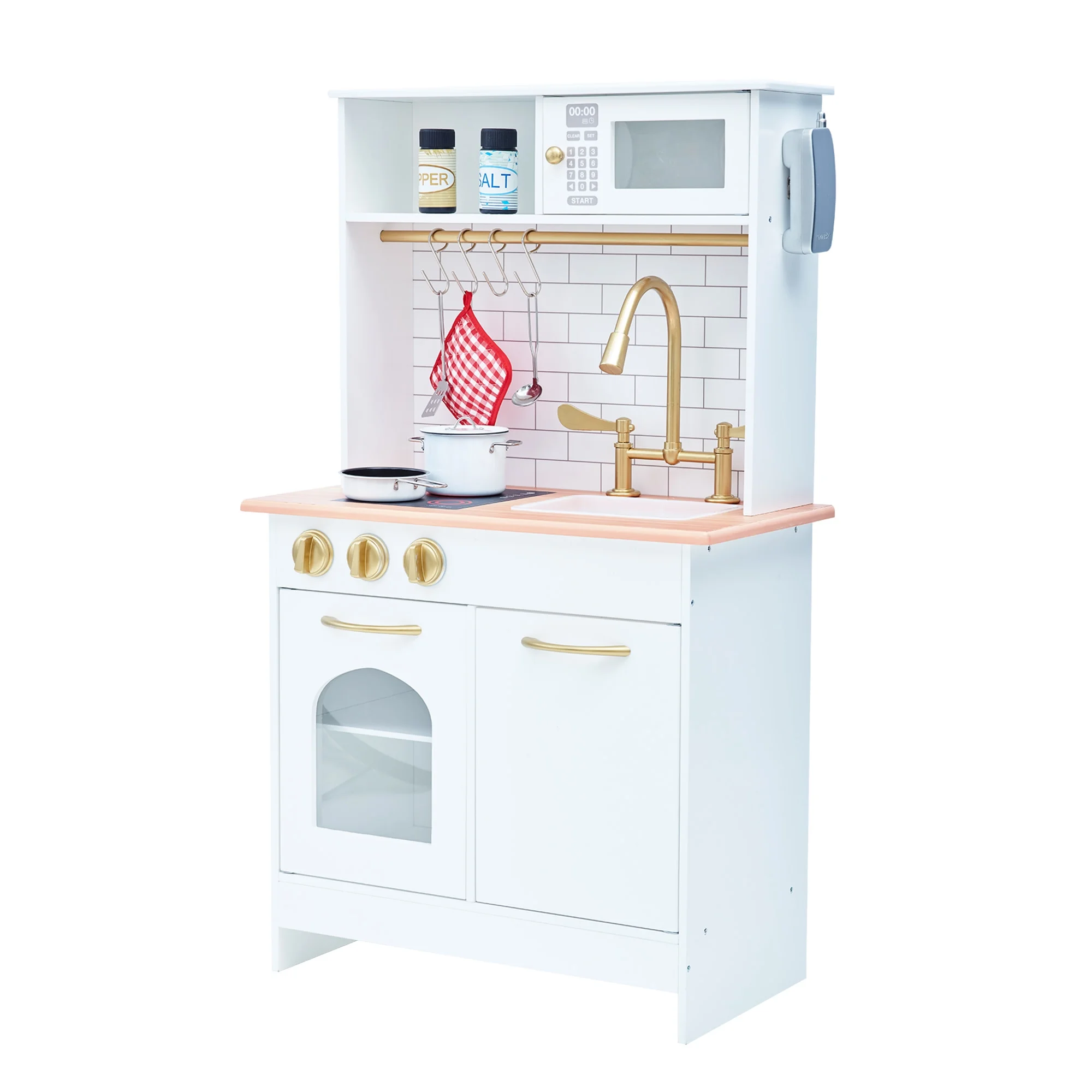 Teamson Kids Little Chef Boston Wooden Play Kitchen, 9 Pcs Acc Set, Oven, ,Sink, Interactive Features, White/Gold