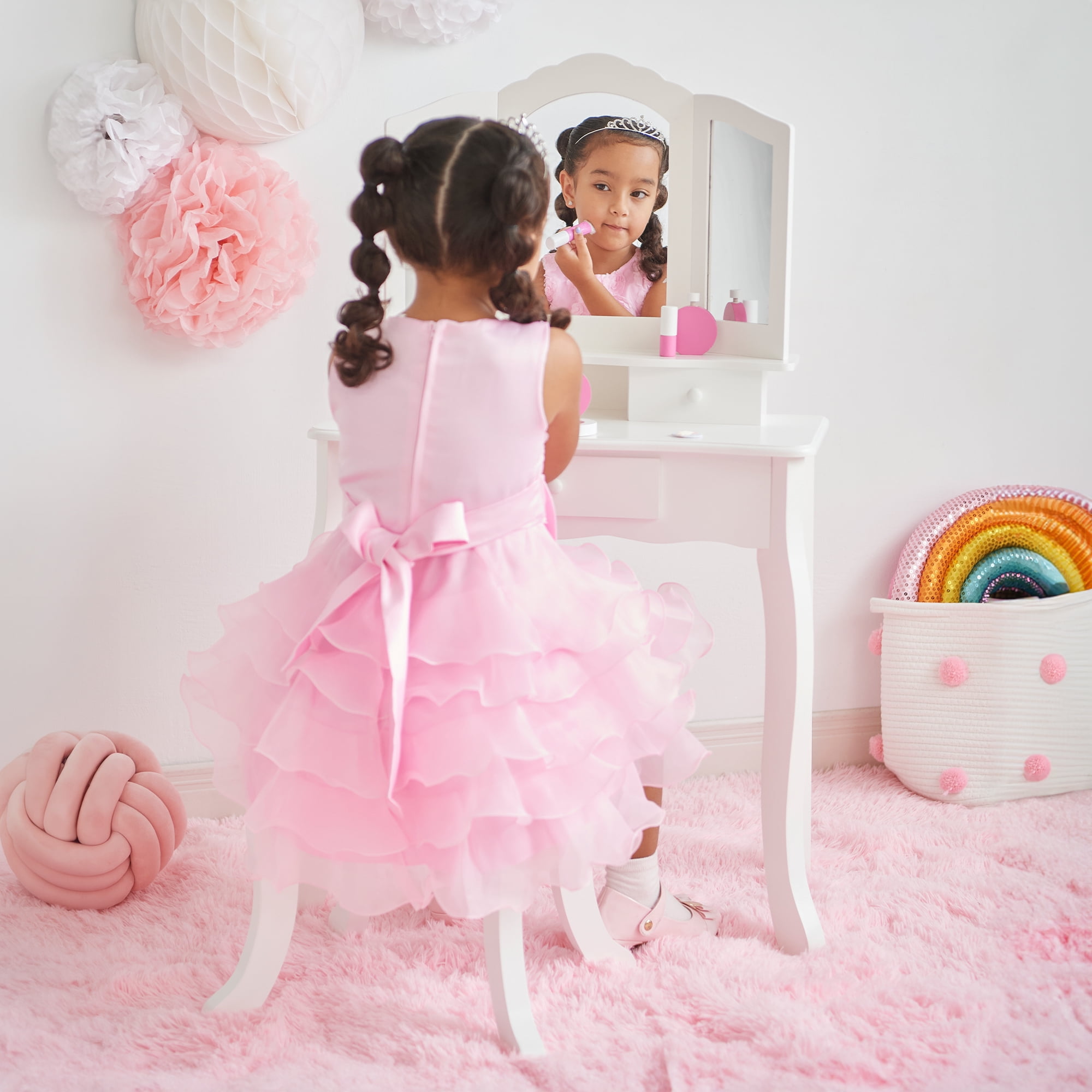 Teamson Kids Little Princess Ashley Wooden Makeup Vanity Playset with Stool, White/Pink