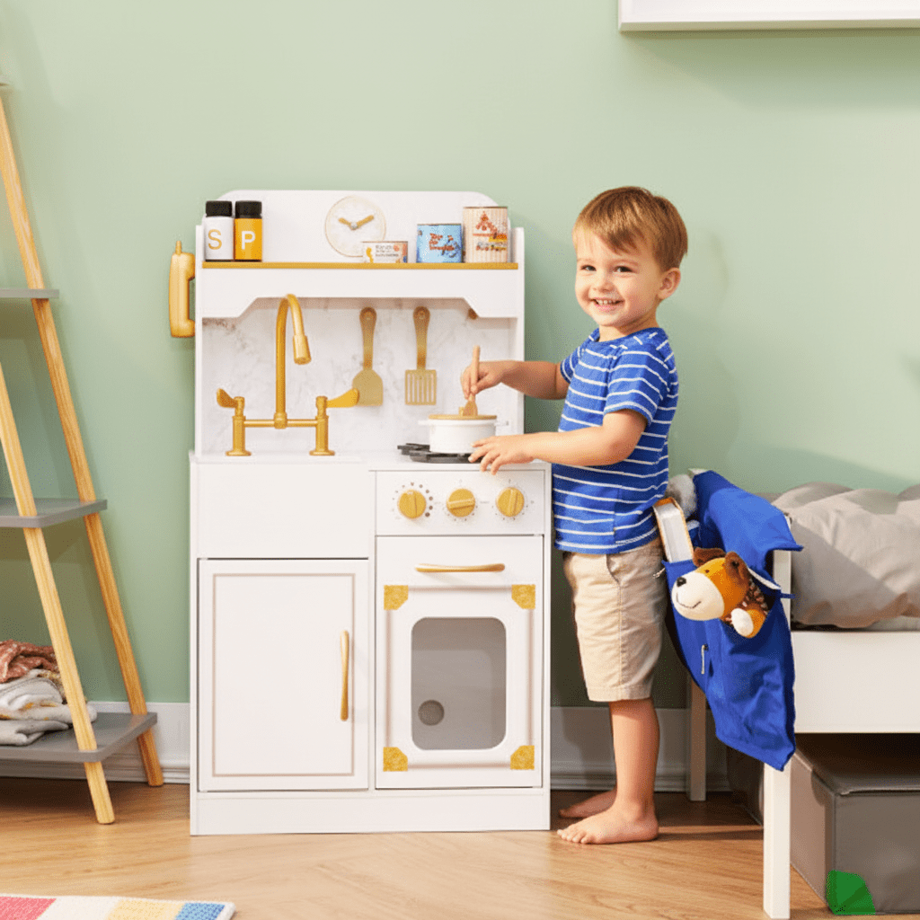 Teamson Kids Petite Versailles Classic Wooden Play Kitchen with Toy Set with Sink, Stove & 11 Accessories