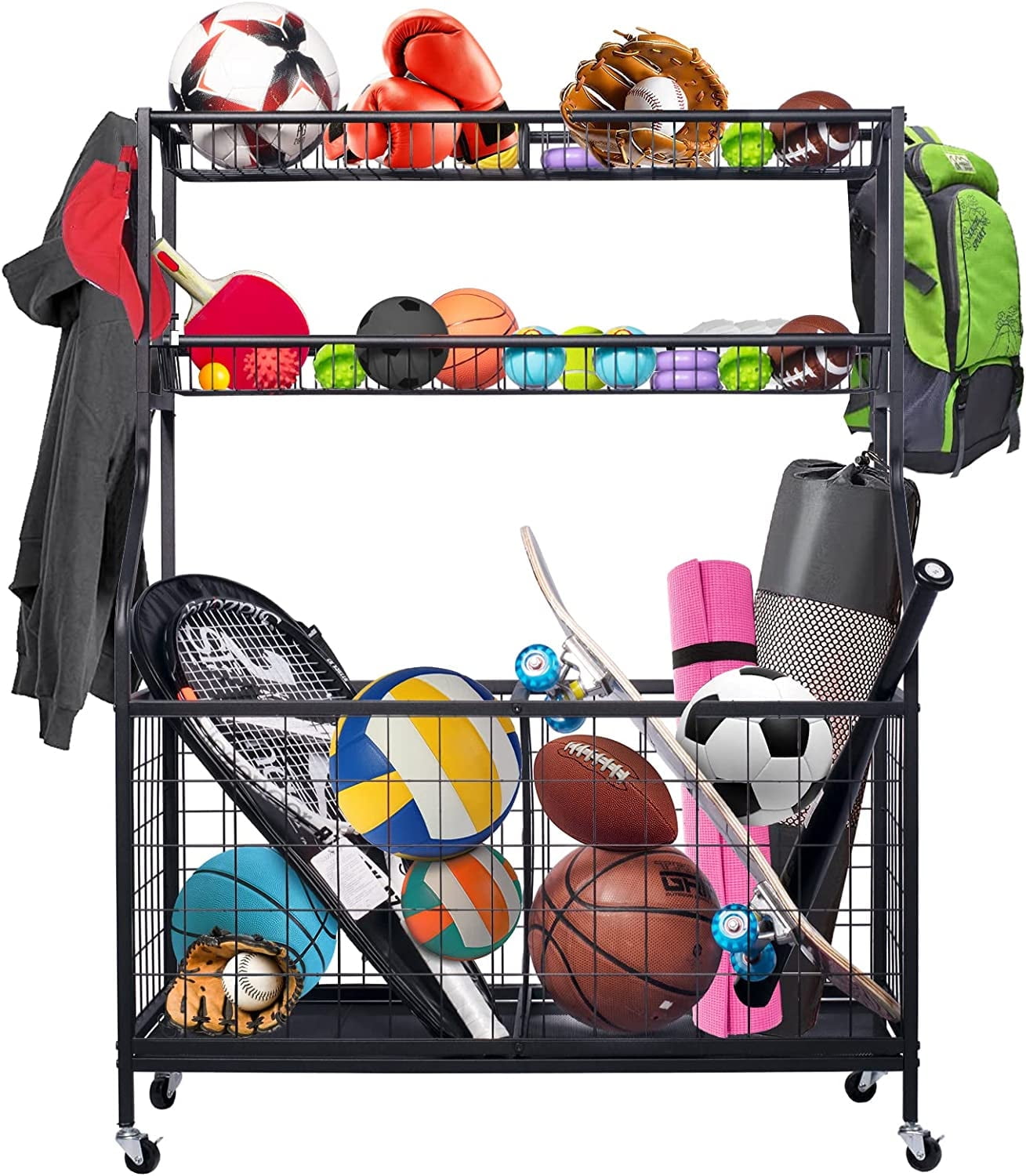 Techvida Sports Equipment Organizer, Ball Storage Rack, Garage Ball Storage, Sports Gear Storage, Rolling Sports Ball Storage Cart