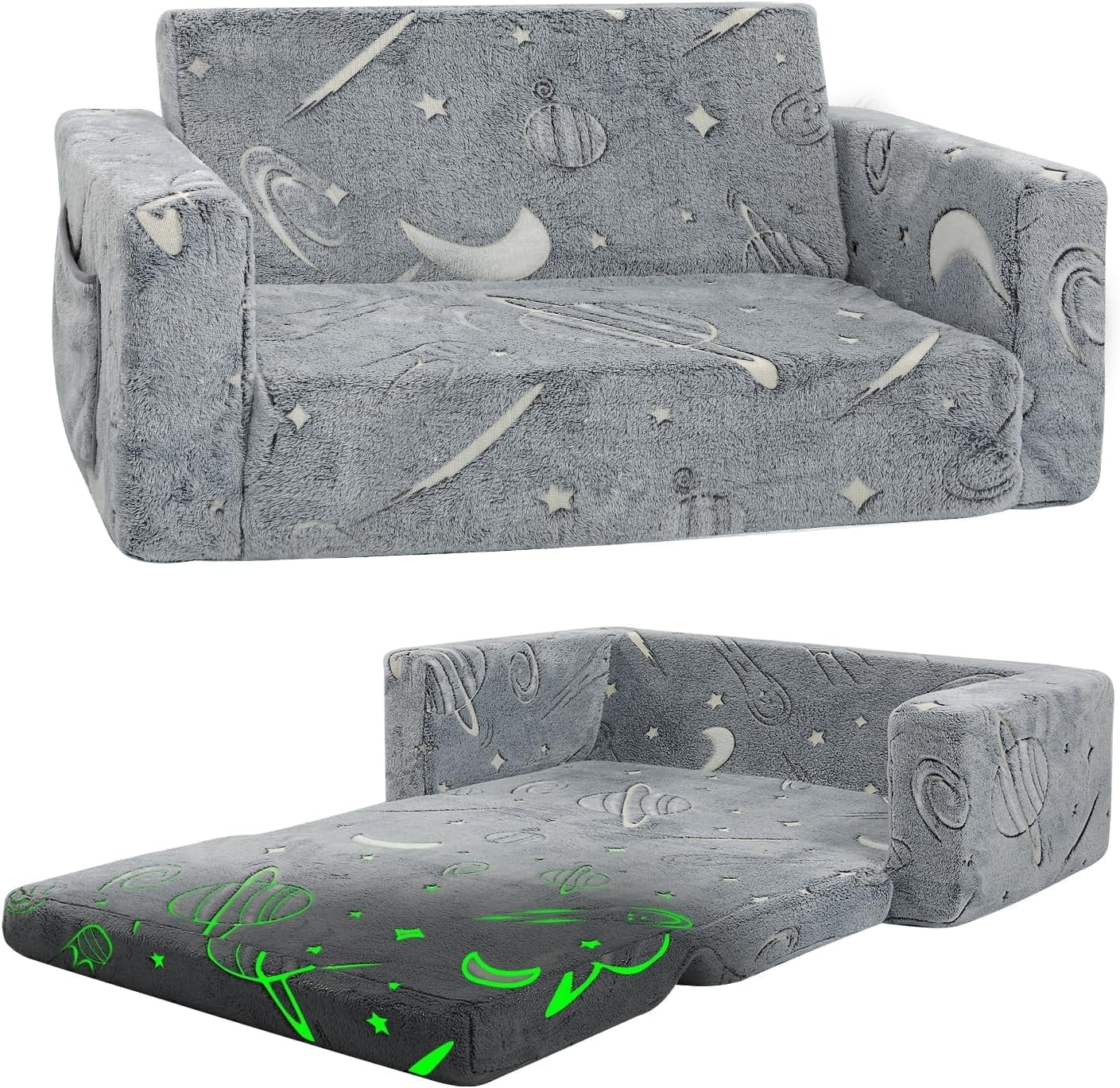 Teler Kids Sofa Toddler Couch Extra Wide Glow in the Dark Baby Convertible Sofa ,Foldable Toddler Bed for Girls Boys