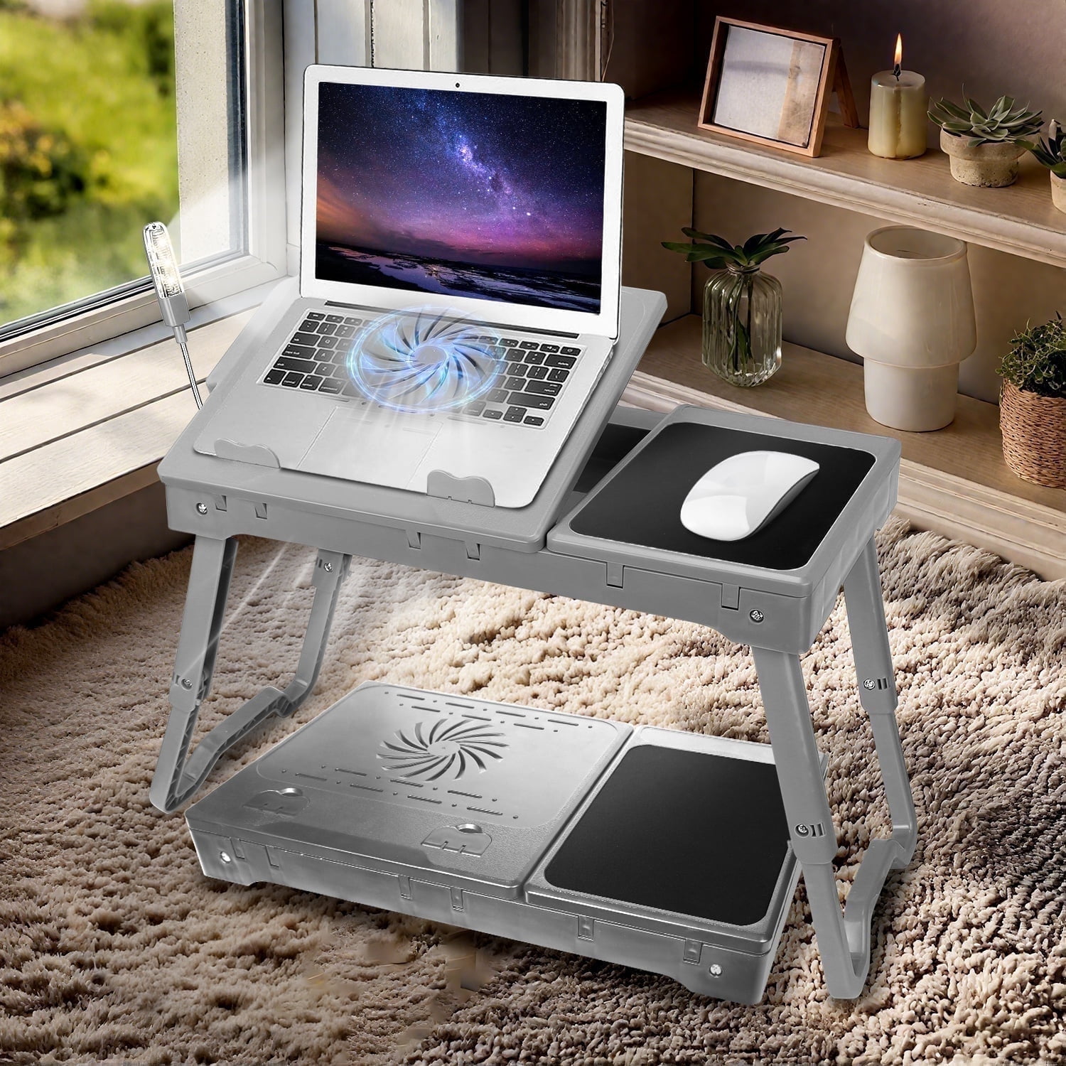 TeqHome Foldable Lap Desk with Fan and Light Height & Angle Adjustable Laptop Table for Bed and Sofa Grey