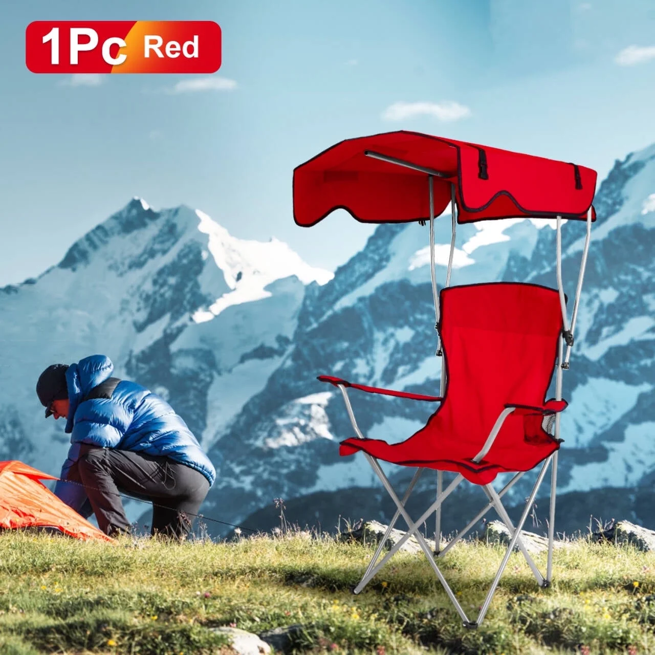 TeqHome Folding Camping Chair with Canopy 330lbs Capacity 600D Oxford Portable Camping Chair with Cup Holder Red