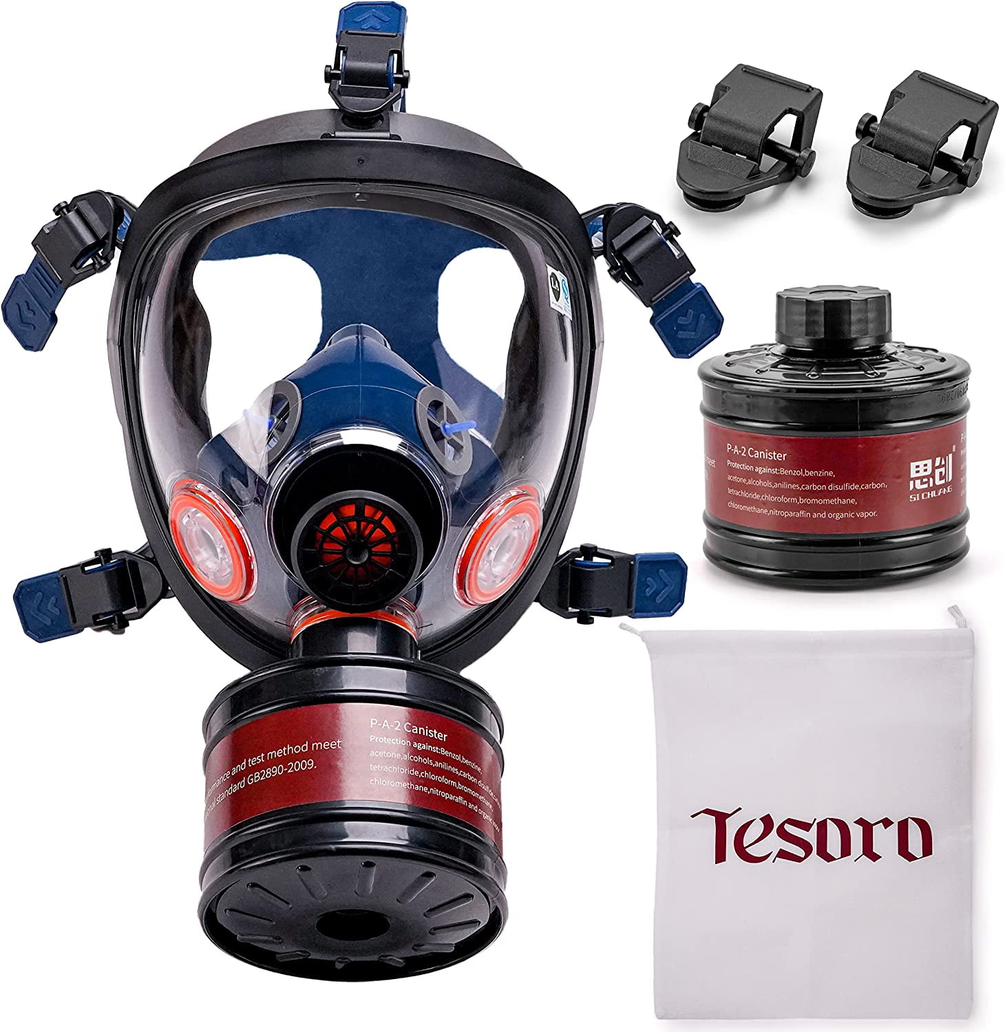 Tesoro Moda Survival & Tactical Full Face Gas Mask Respirator - Heavy-Duty Anti-Fog Air Filtration Mask with 40mm Activated Charcoal Filter for Vapor, Smoke & Particulates