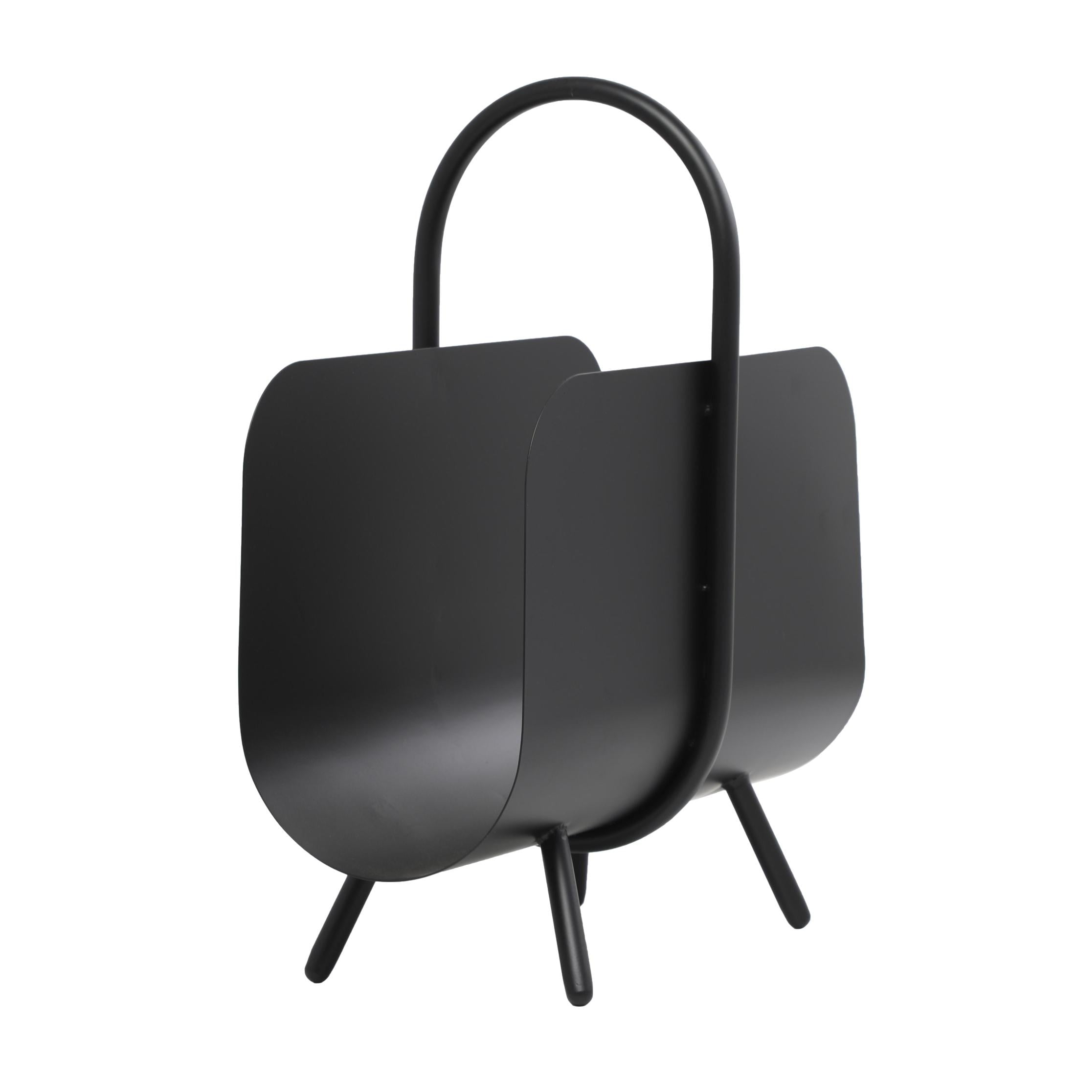DecMode 20" Black Metal Matte Curved Magazine Holder with Arched Handle and Flared Legs