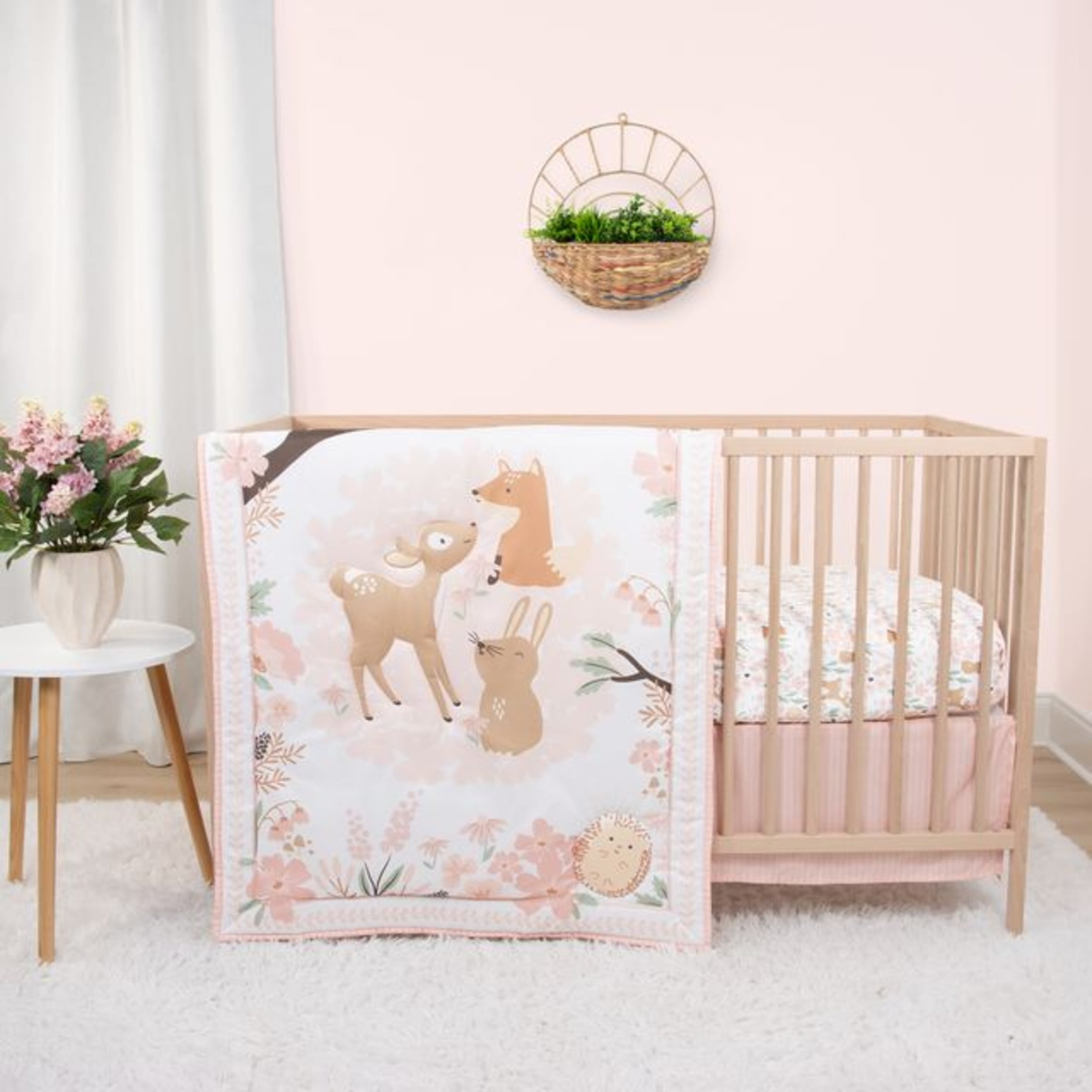 The Peanutshell Pink and White Fairytale Forest Crib Bedding Set for Baby Girls, 3 Piece Nursery Set