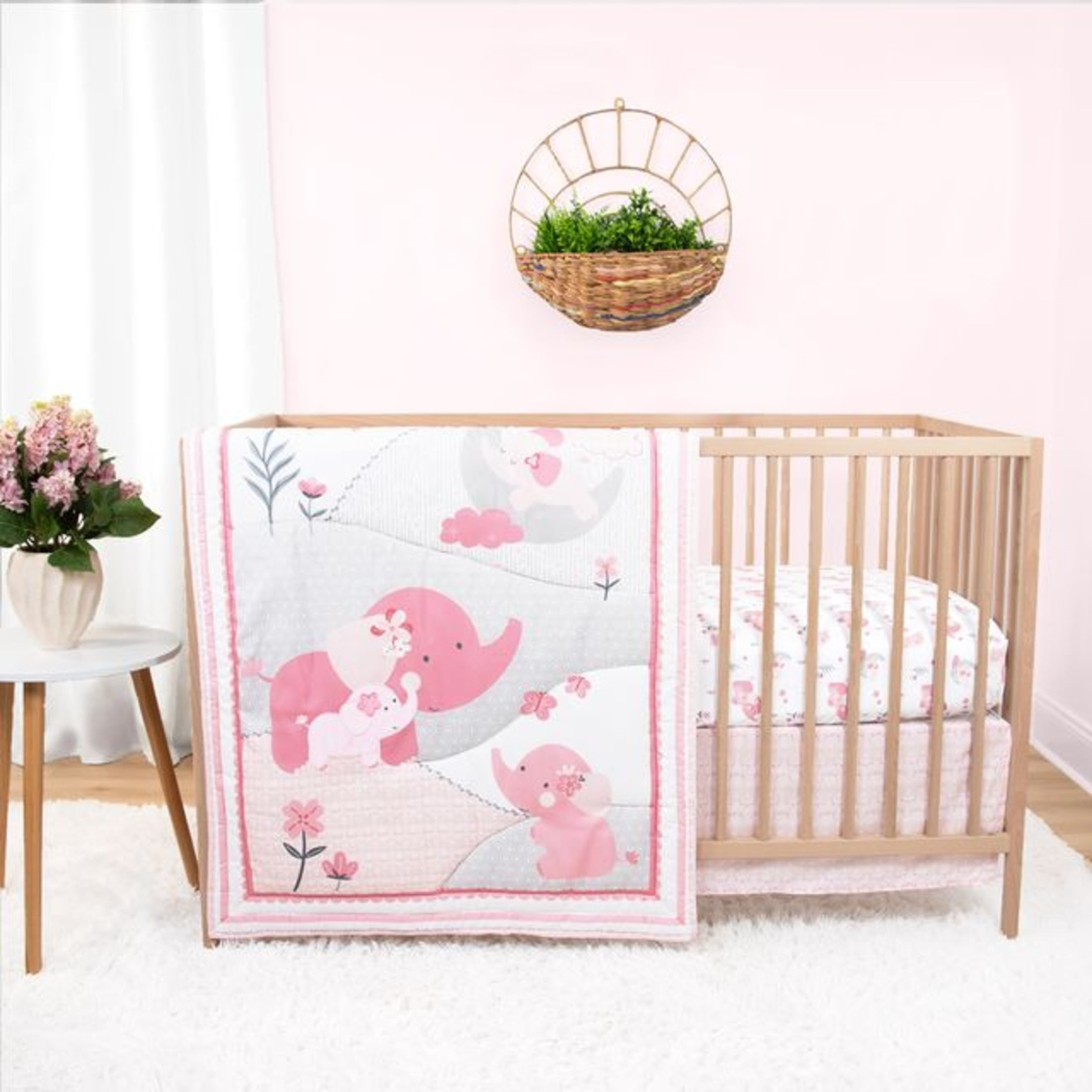 The Peanutshell Pink Elephant Crib Bedding Set for Baby Girls, 3 Piece Nursery Set