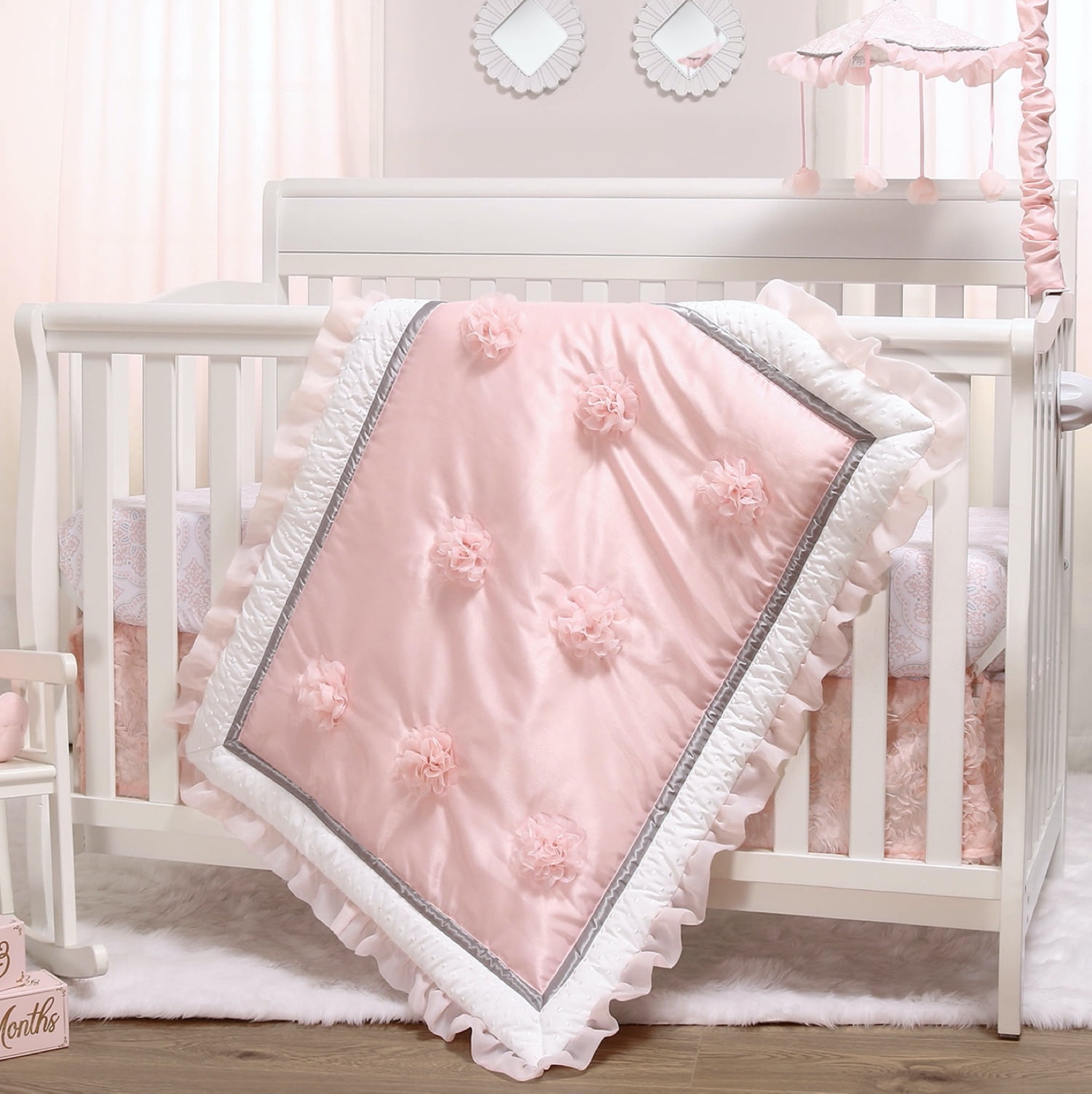 The Peanutshell Pink Floral Embroidered 3 Piece Nursery Crib Bedding Set