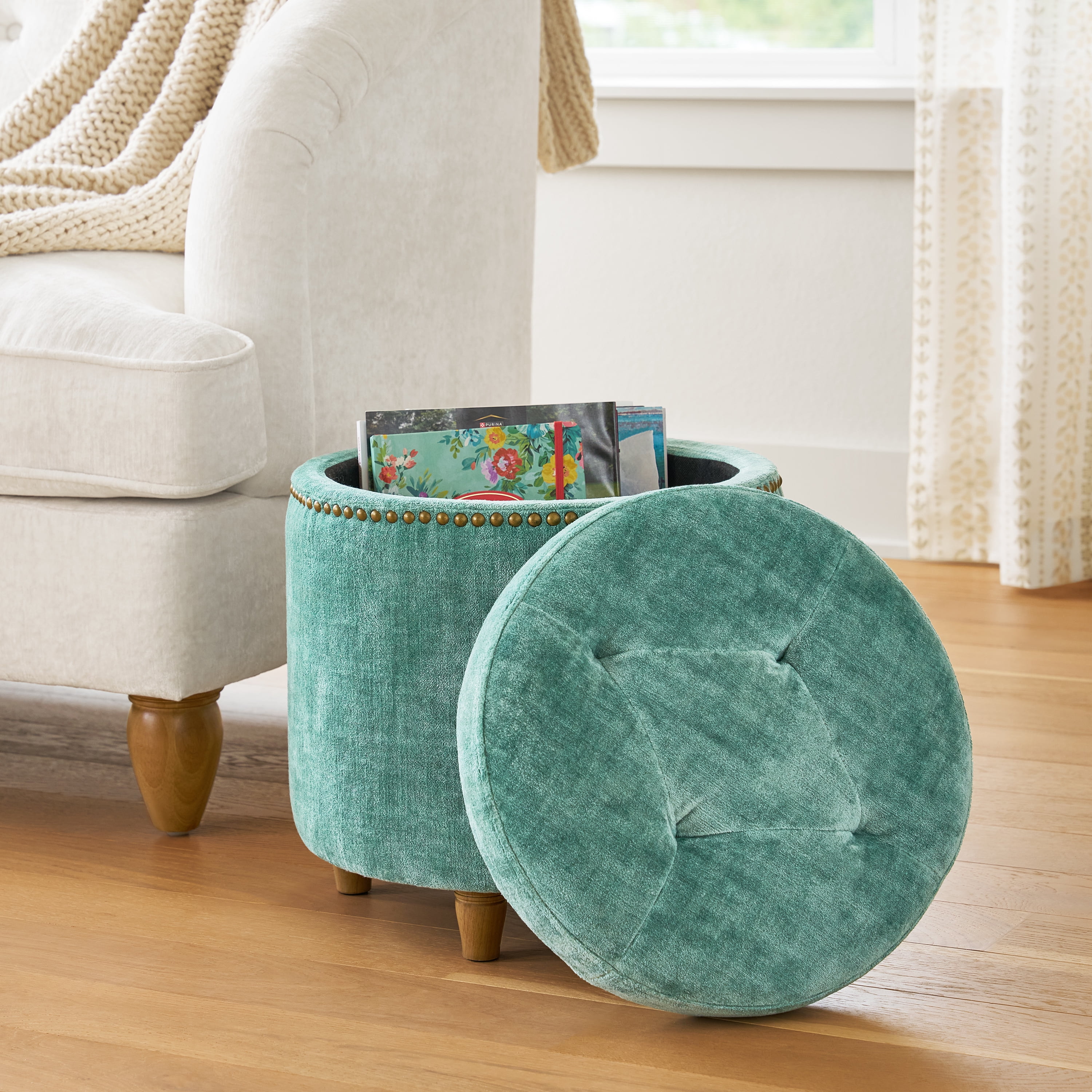 The Pioneer Woman Harper Round Velvet Storage Ottoman, Jade, 17.72 in