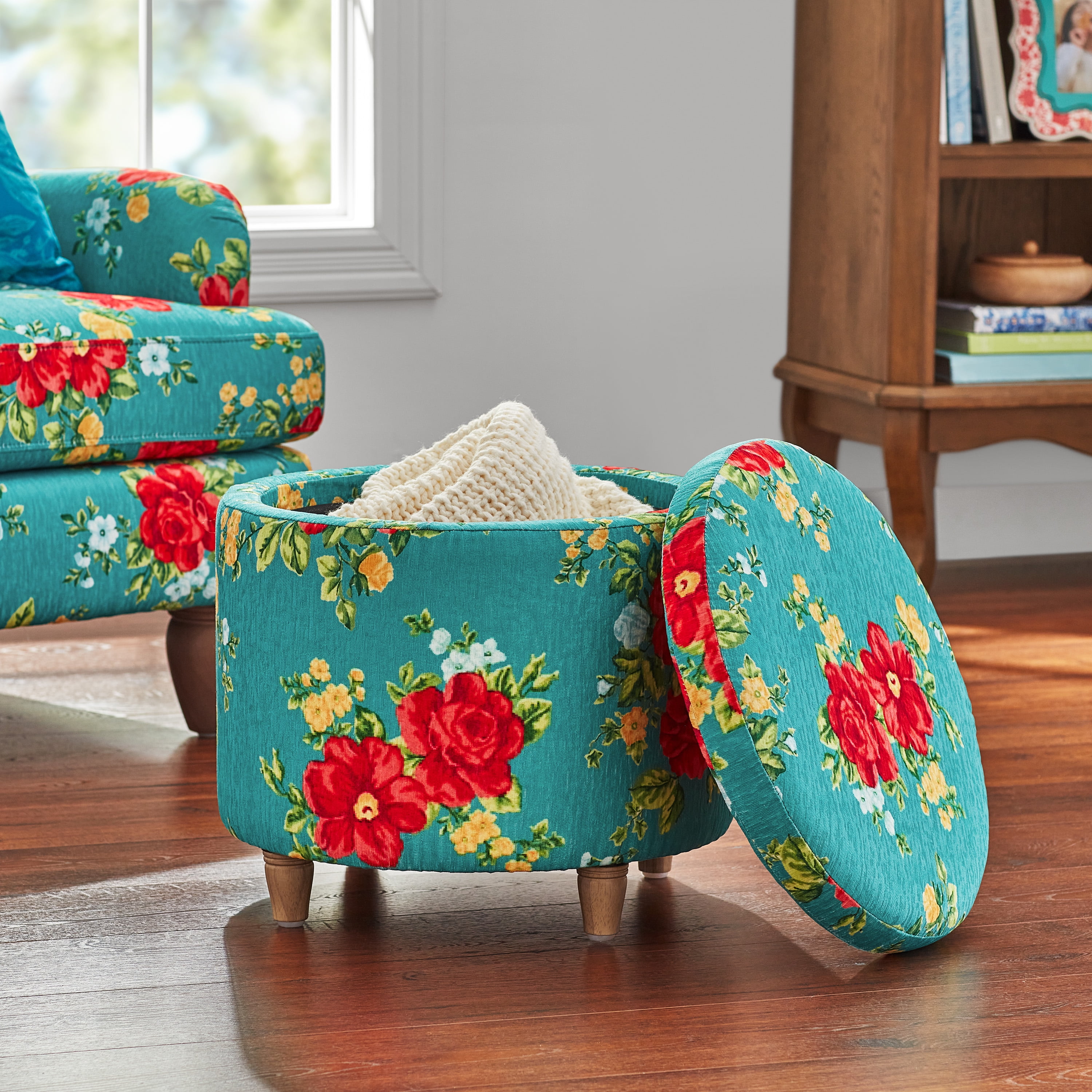 The Pioneer Woman Vintage Floral Round Storage Ottoman with Wood Tray Lid, Teal