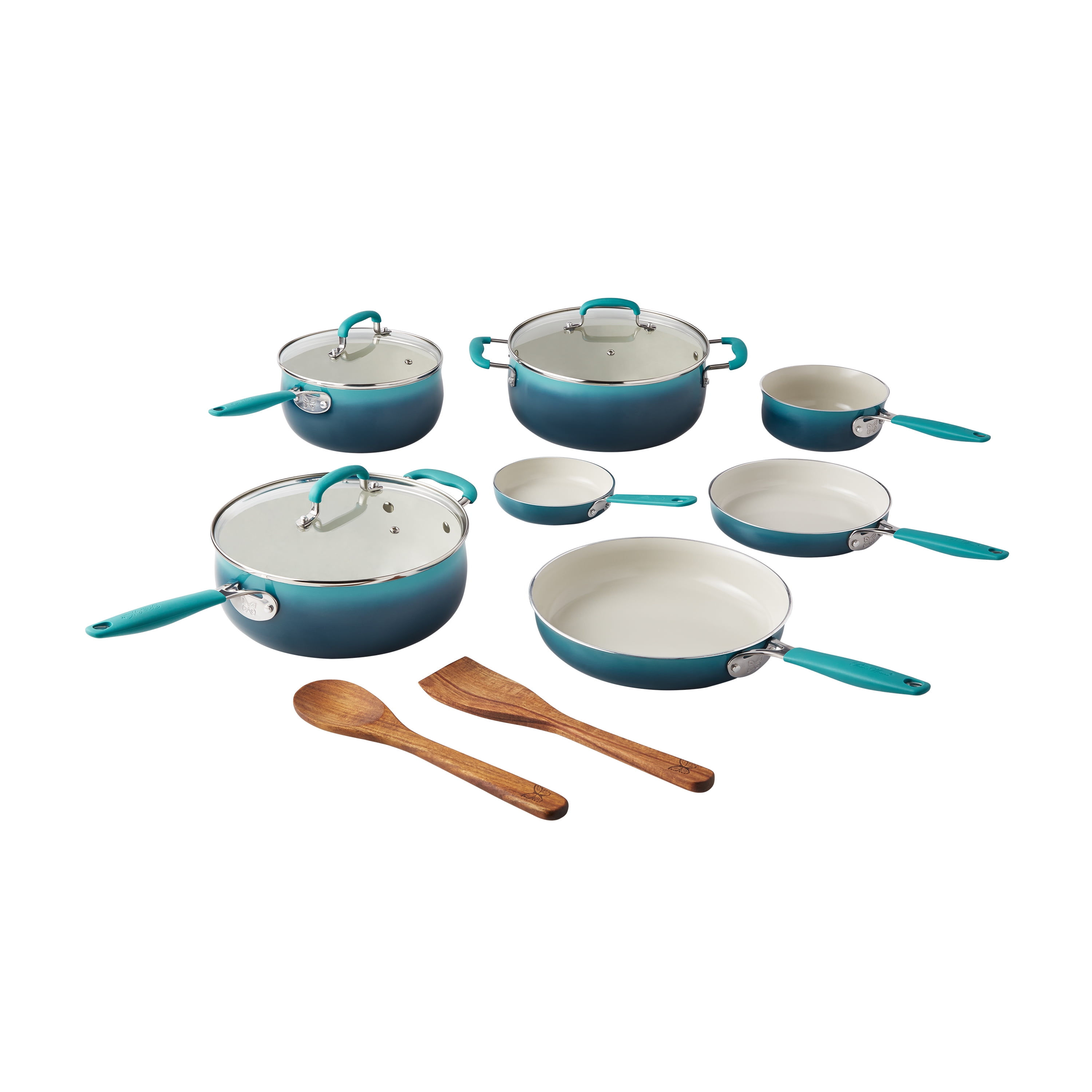 The Pioneer Woman 12-Piece Classic Belly Ceramic Cookware Set, Porcelain Enamel, Ombre Teal